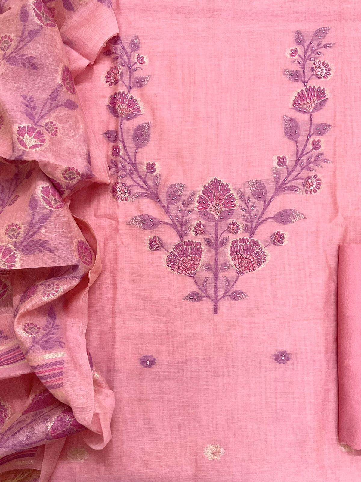 Soft Slub Chanderi Jamdani Weaved Embroidered Suit - Pink