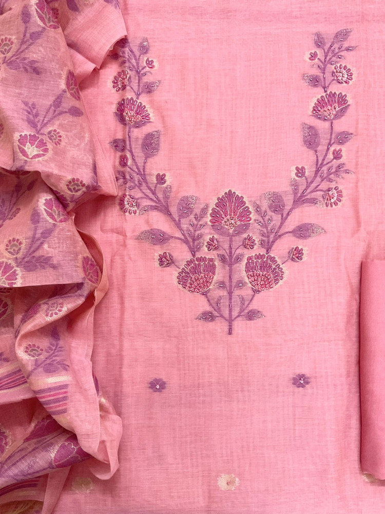 Image of Soft Slub Chanderi Jamdani Weaved Embroidered Suit - Pink