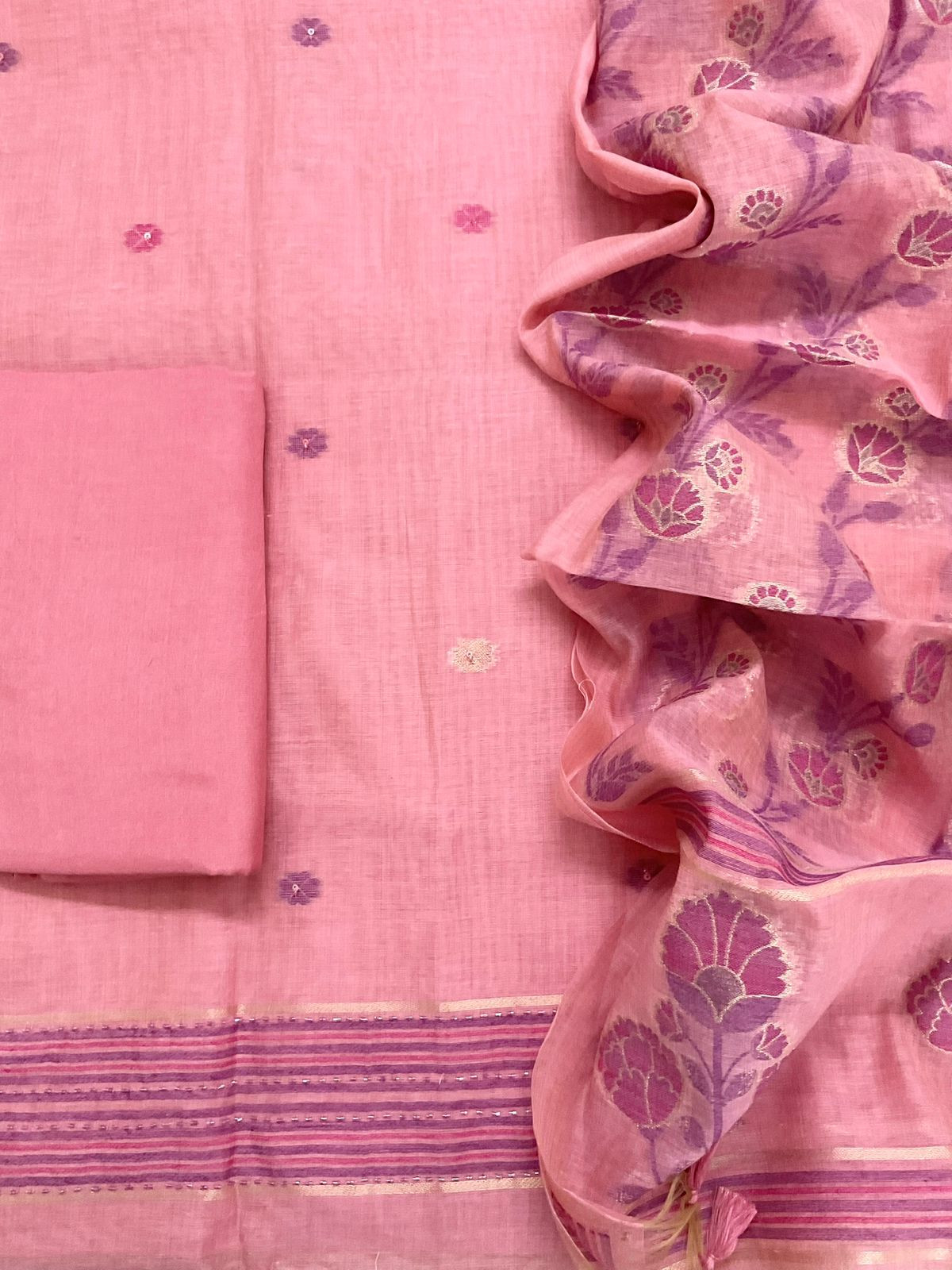 Soft Slub Chanderi Jamdani Weaved Embroidered Suit - Pink