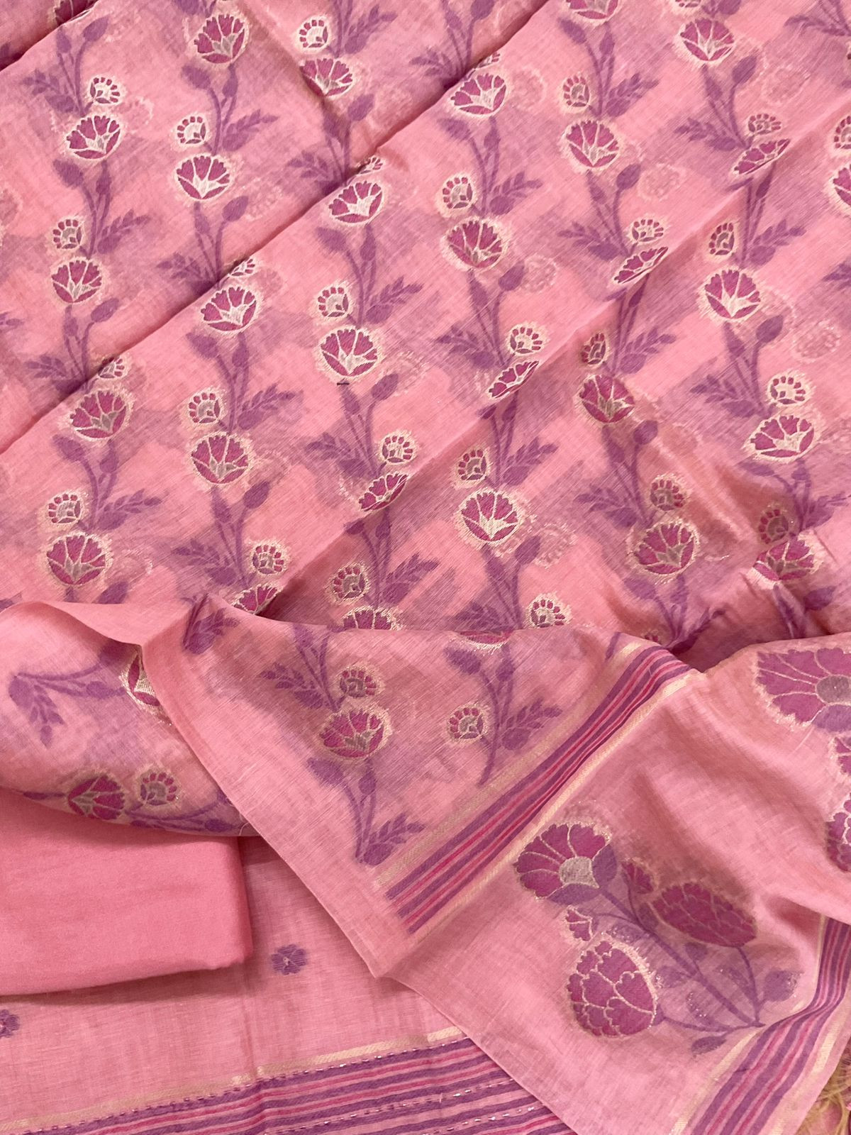 Soft Slub Chanderi Jamdani Weaved Embroidered Suit - Pink