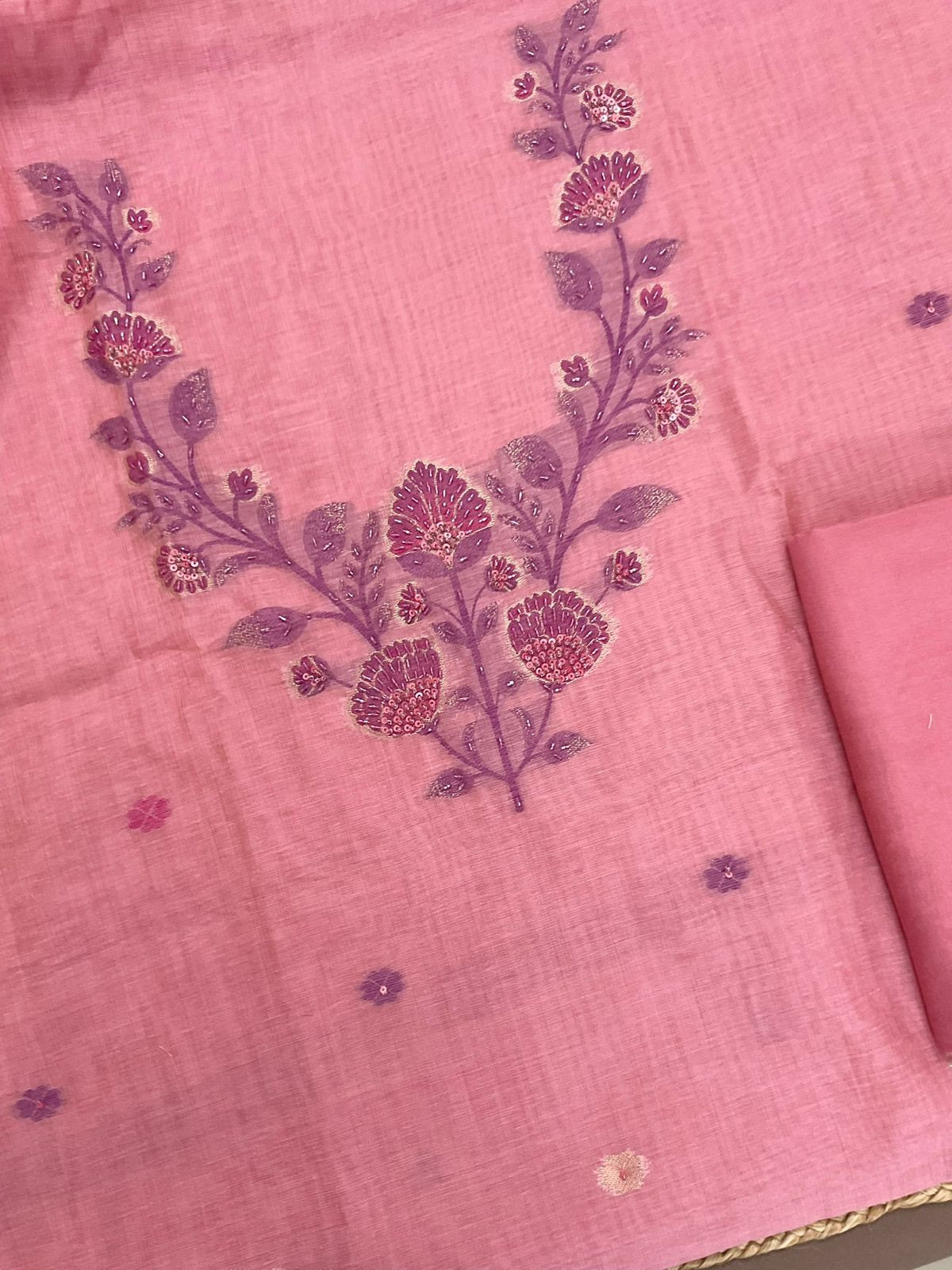 Soft Slub Chanderi Jamdani Weaved Embroidered Suit - Pink