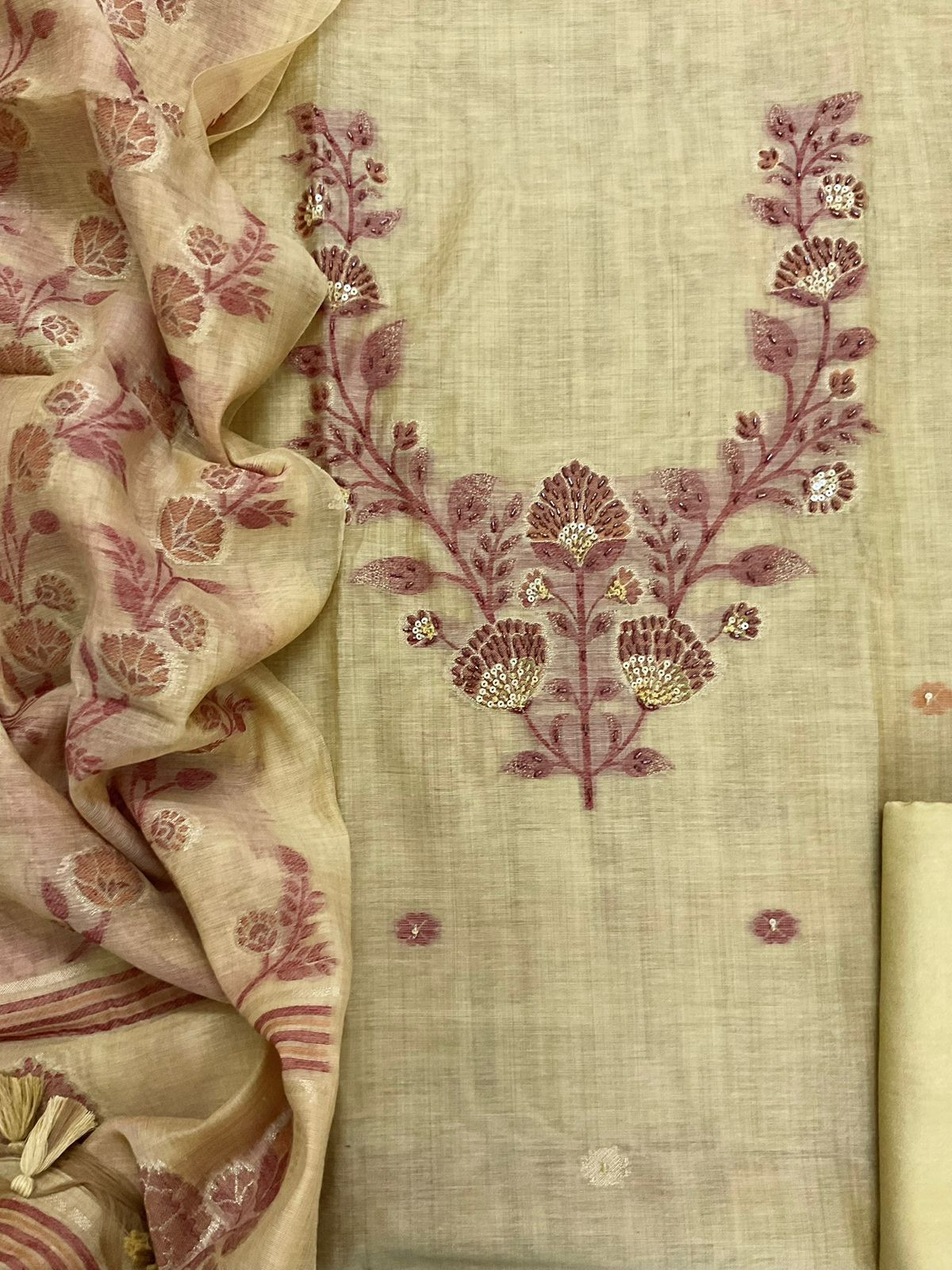 Soft Slub Chanderi Jamdani Weaved Embroidered Suit - Yellow