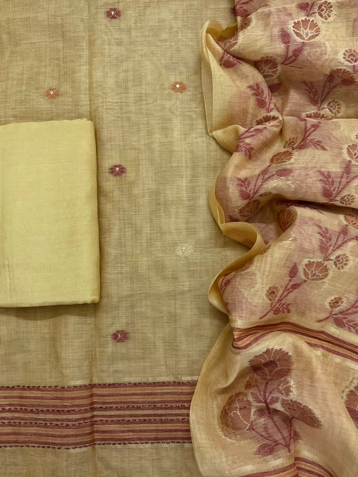 Soft Slub Chanderi Jamdani Weaved Embroidered Suit - Yellow