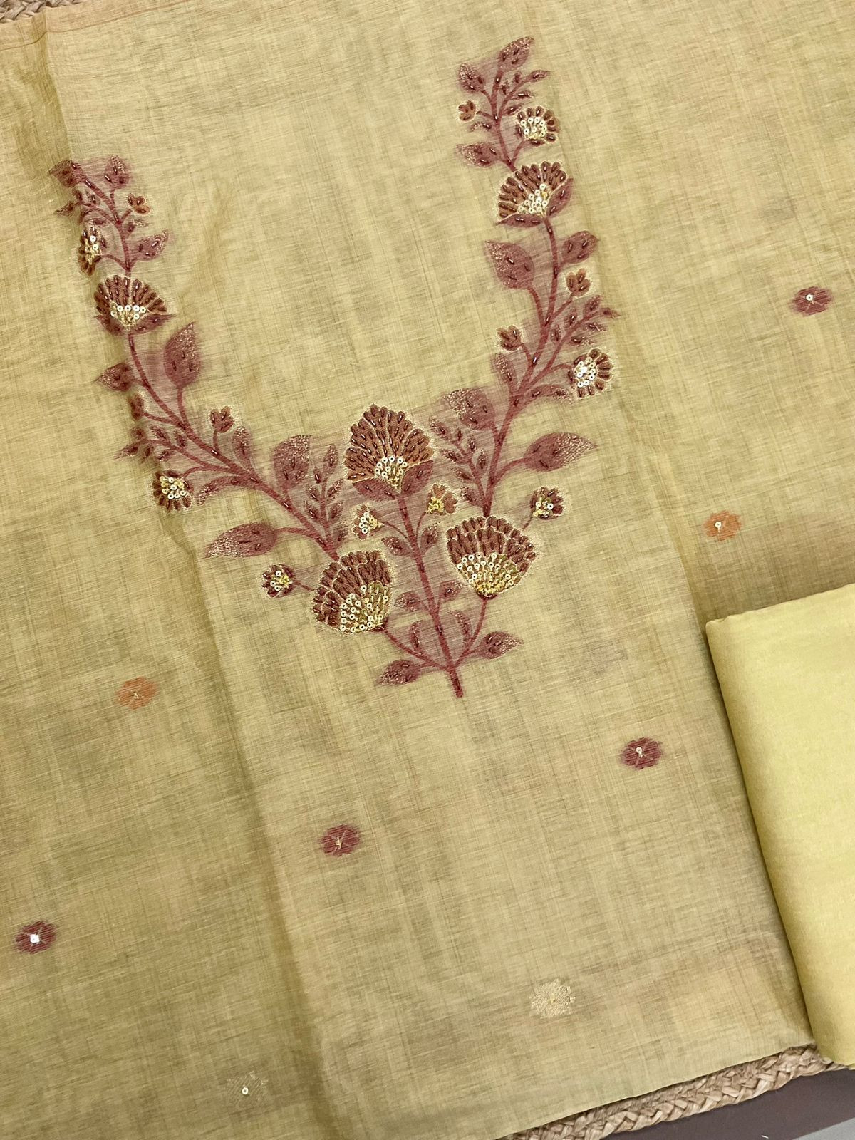 Soft Slub Chanderi Jamdani Weaved Embroidered Suit - Yellow