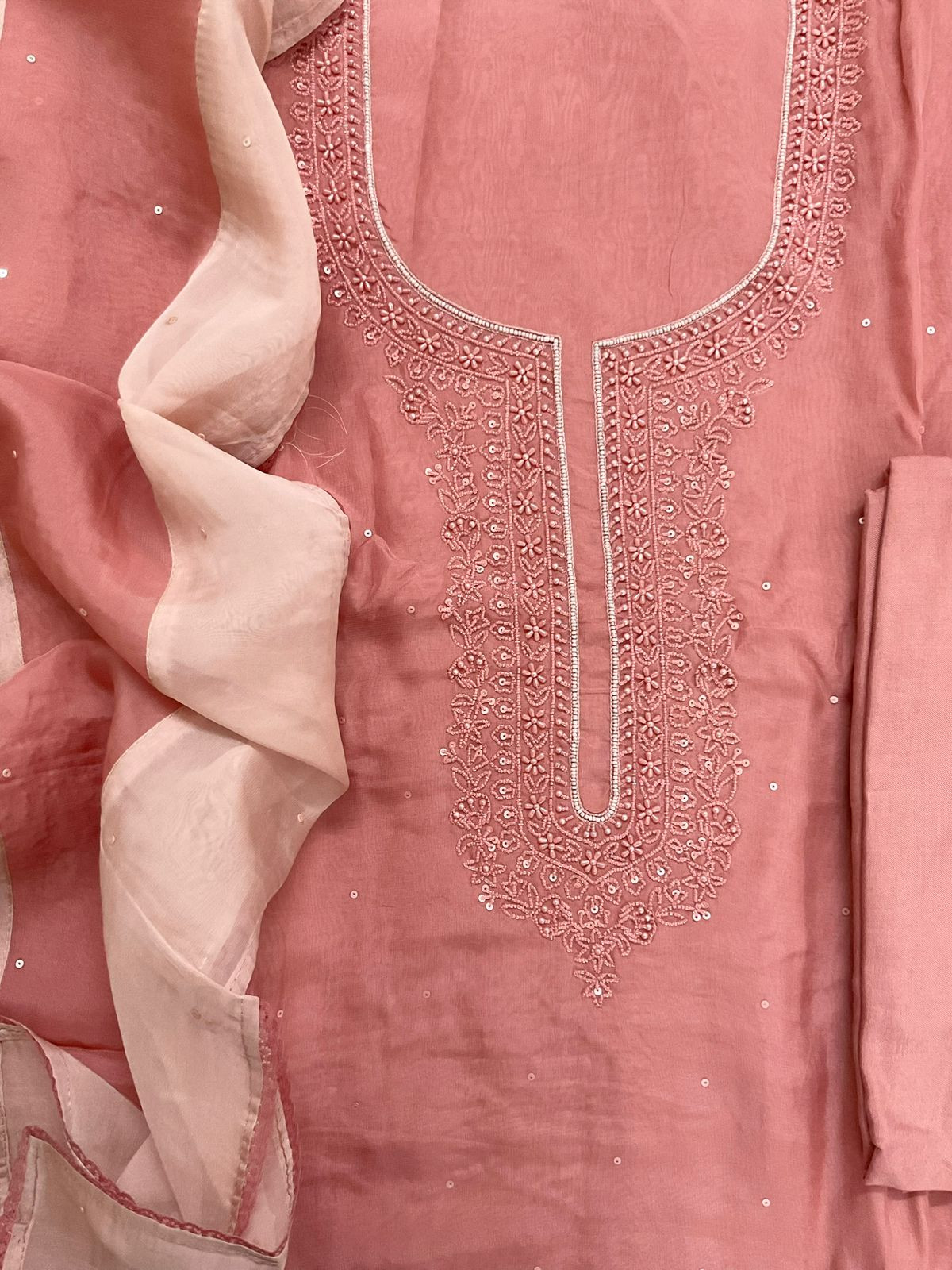 Soft Fine Organza Embroidered Suit - Peach