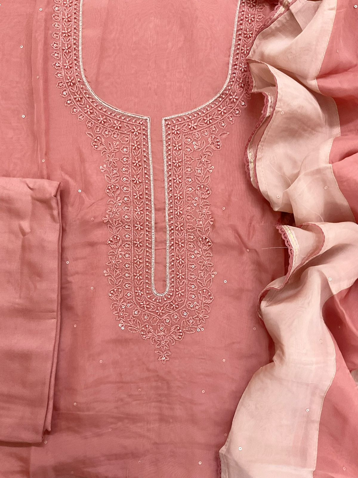 Soft Fine Organza Embroidered Suit - Peach