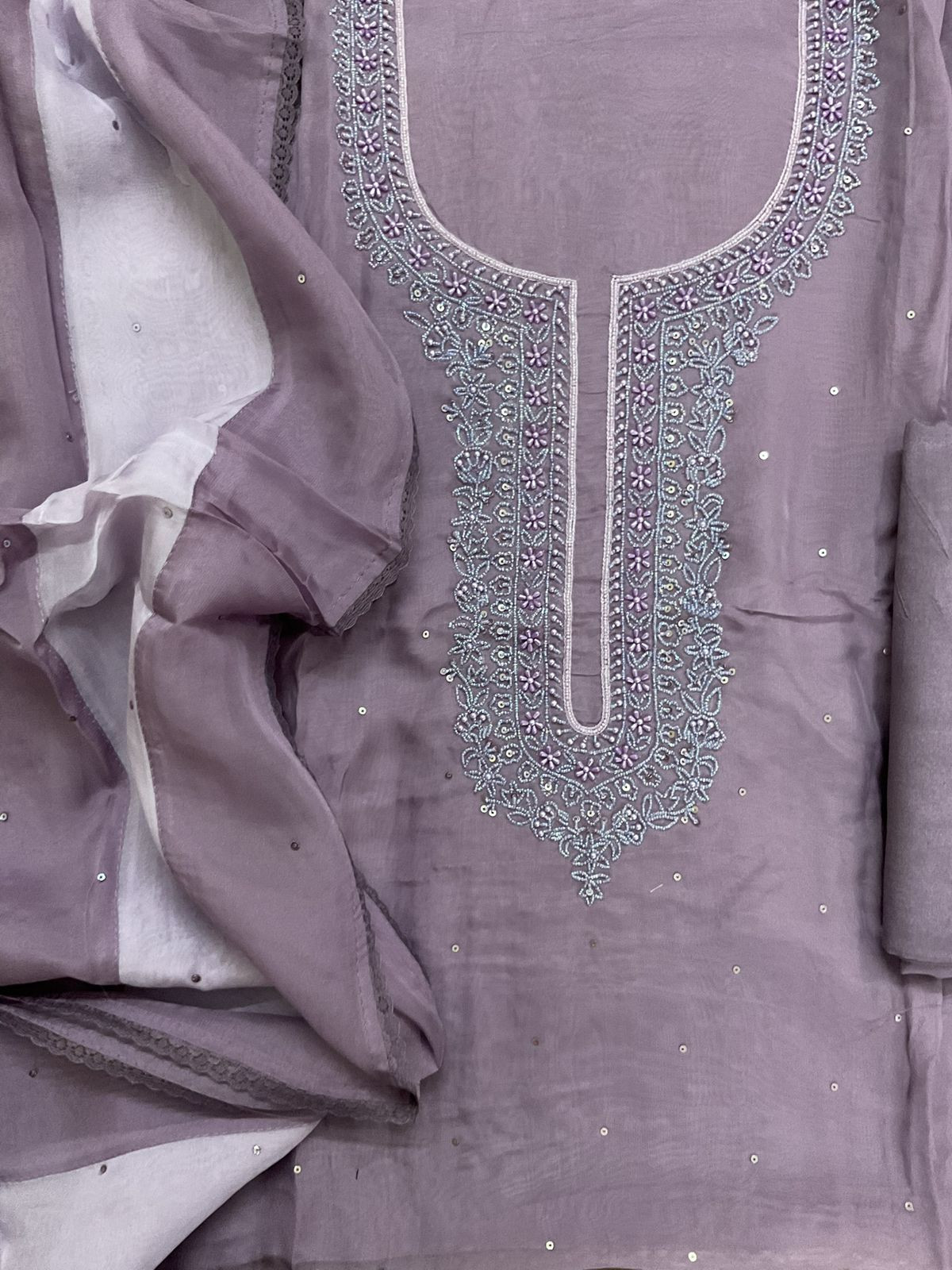 Soft Fine Organza Embroidered Suit - Lavender