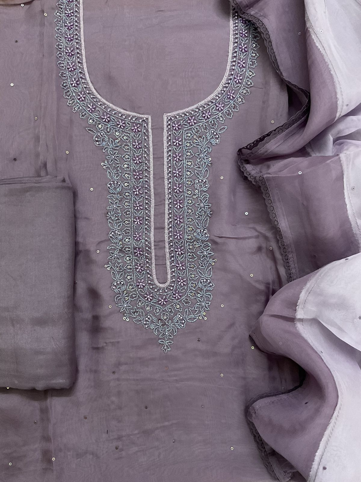 Soft Fine Organza Embroidered Suit - Lavender