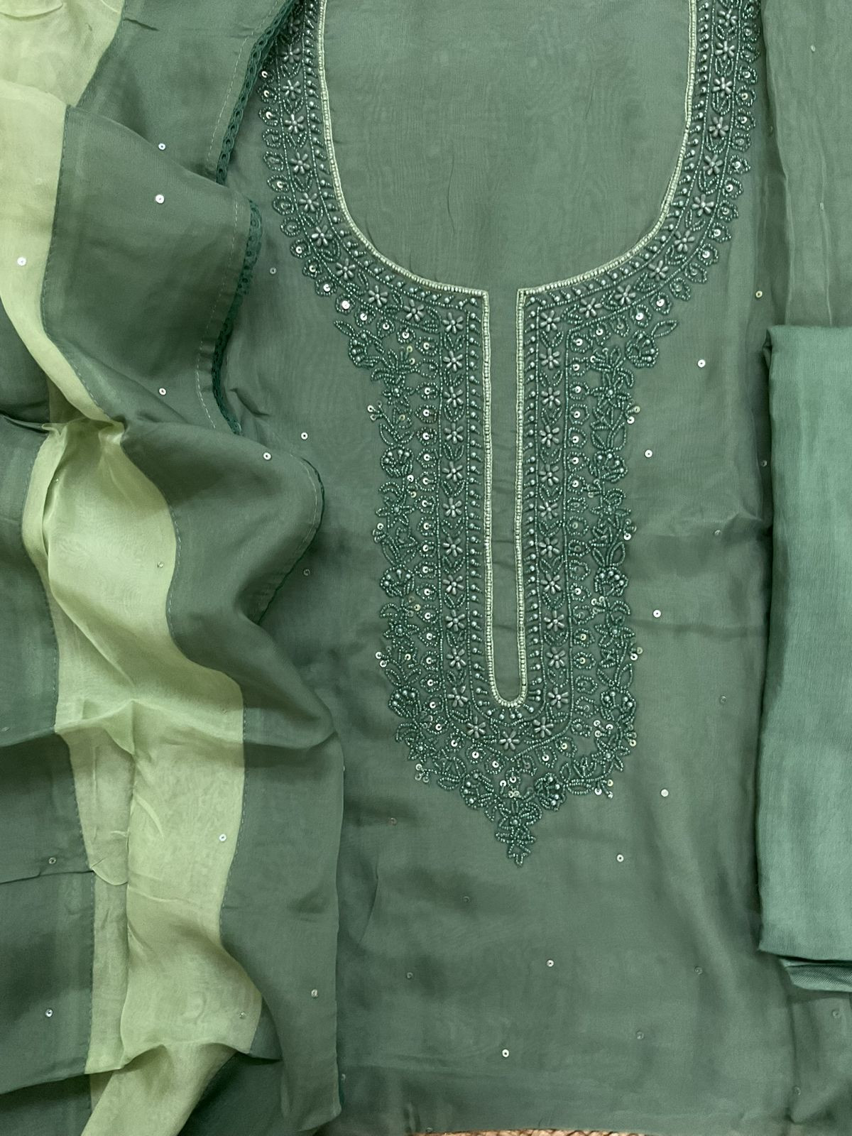 Soft Fine Organza Embroidered Suit - Green