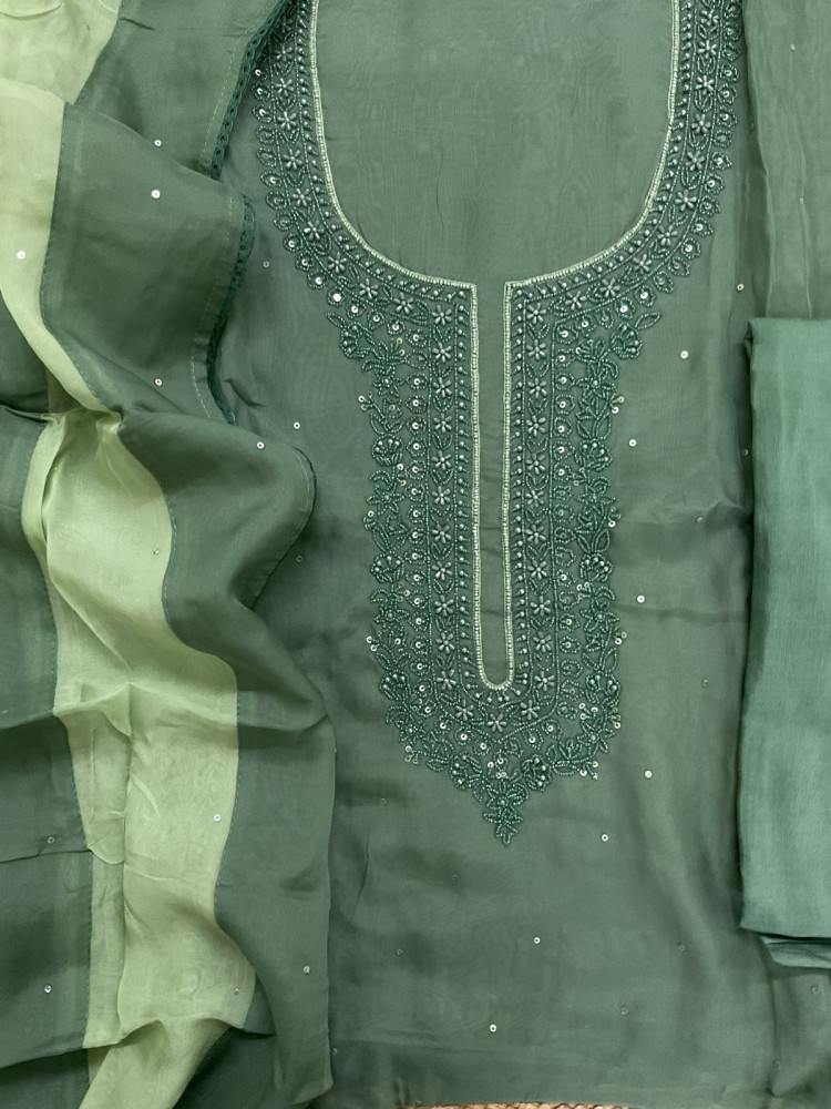 Image of Soft Fine Organza Embroidered Suit - Green