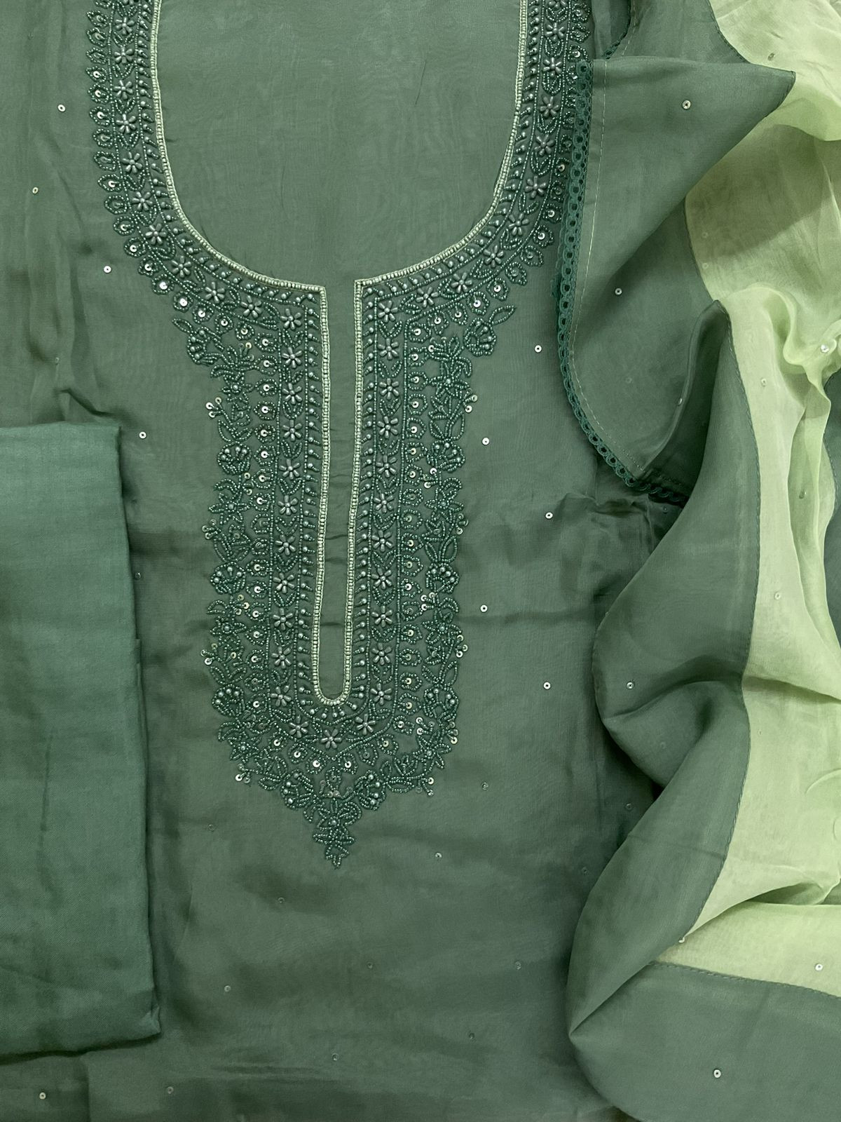 Soft Fine Organza Embroidered Suit - Green