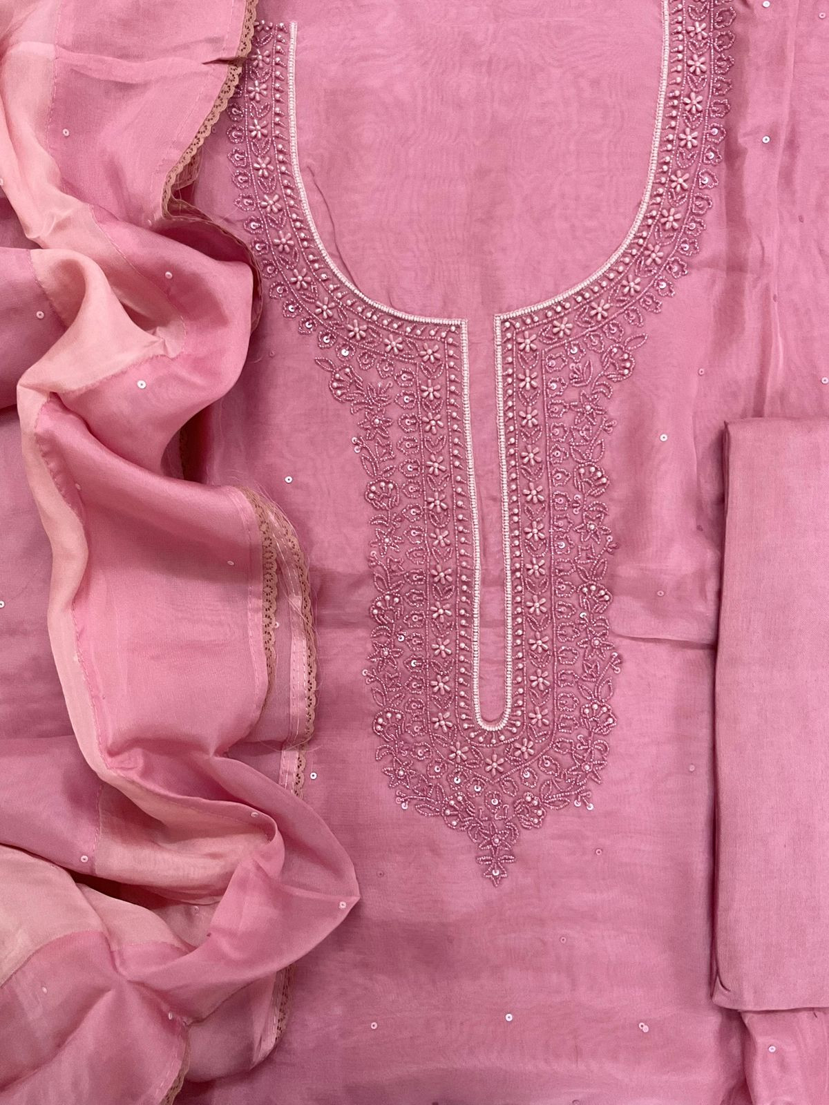 Soft Fine Organza Embroidered Suit - Pink