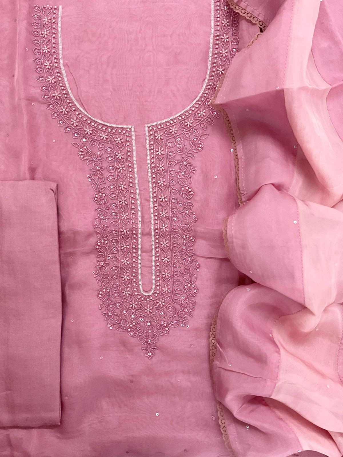 Soft Fine Organza Embroidered Suit - Pink