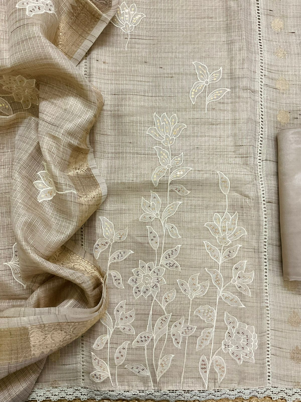 Soft Tissue Kota Silk Embroidered Suit - Beige