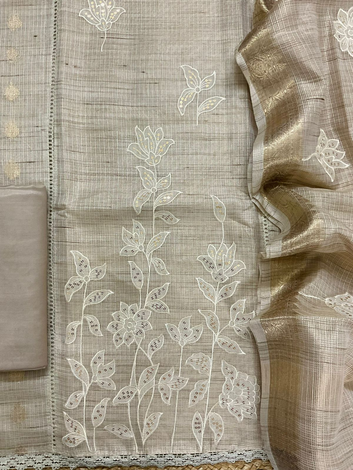 Soft Tissue Kota Silk Embroidered Suit - Beige