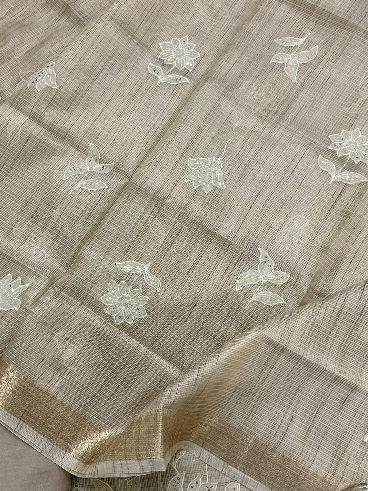 Soft Tissue Kota Silk Embroidered Suit - Beige