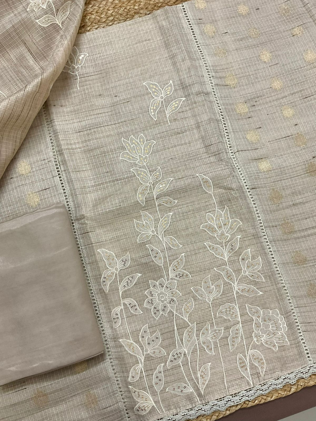 Soft Tissue Kota Silk Embroidered Suit - Beige