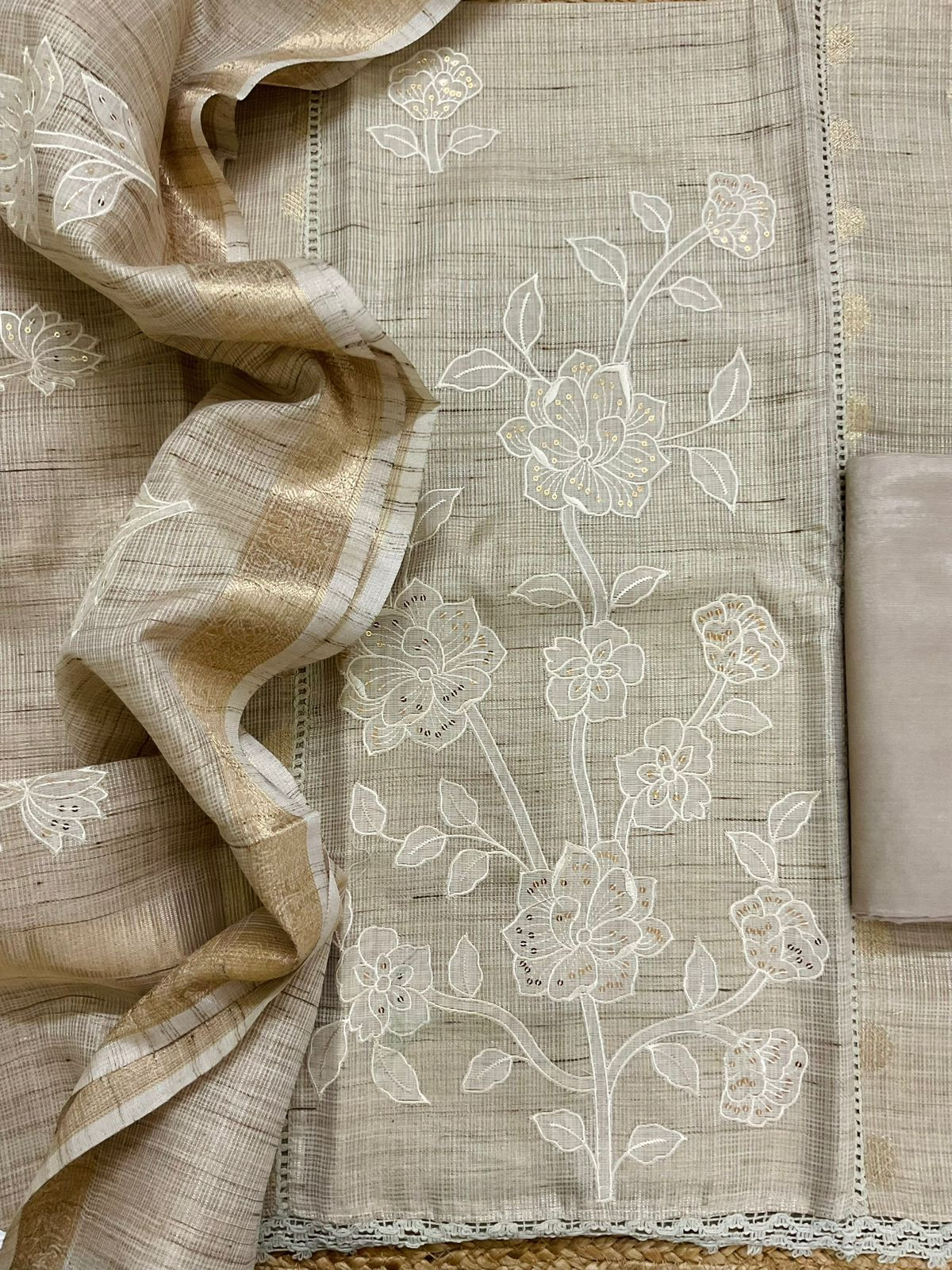 Soft Tissue Kota Silk Embroidered Suit - Beige