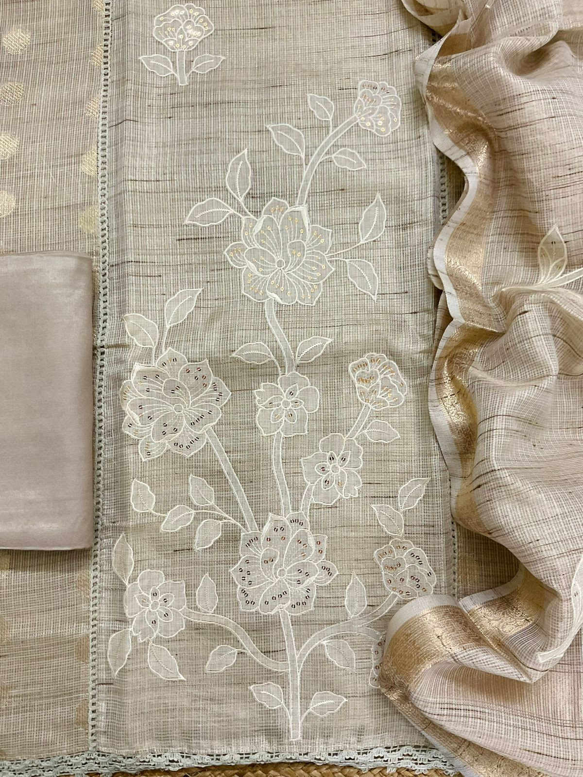 Soft Tissue Kota Silk Embroidered Suit - Beige