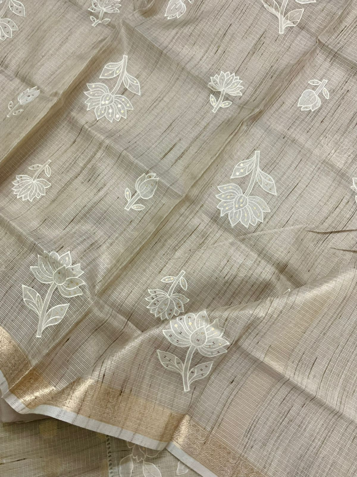 Soft Tissue Kota Silk Embroidered Suit - Beige