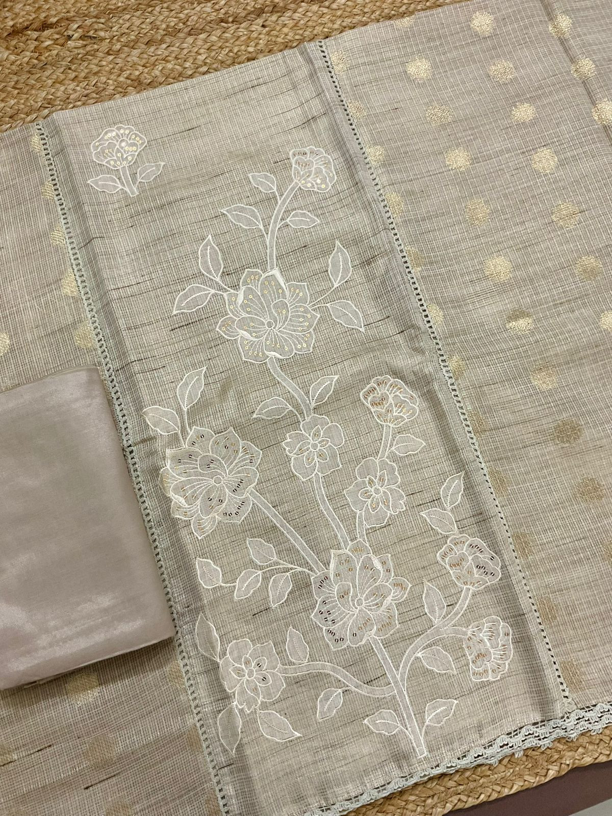 Soft Tissue Kota Silk Embroidered Suit - Beige