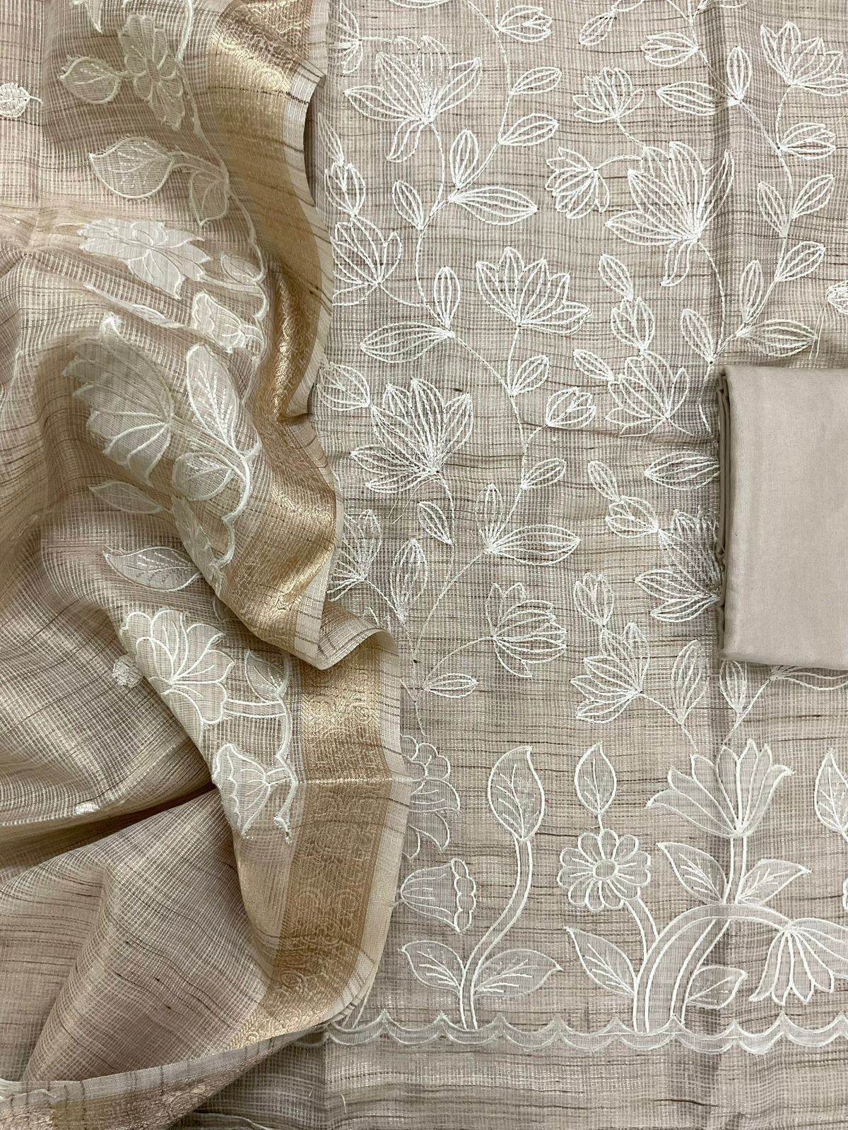Soft Tissue Kota Silk Embroidered Suit - Beige