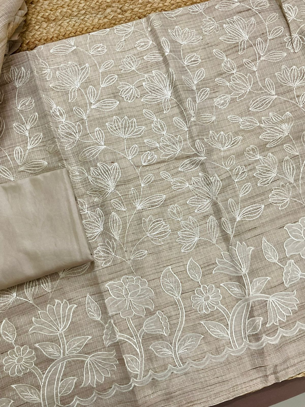 Soft Tissue Kota Silk Embroidered Suit - Beige