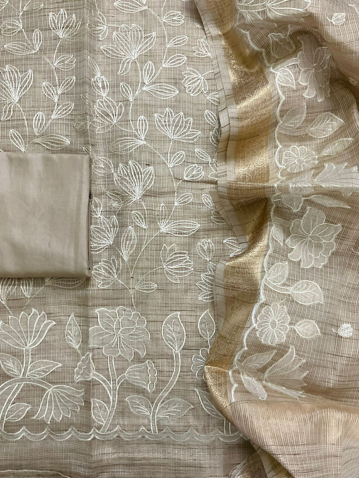 Soft Tissue Kota Silk Embroidered Suit - Beige
