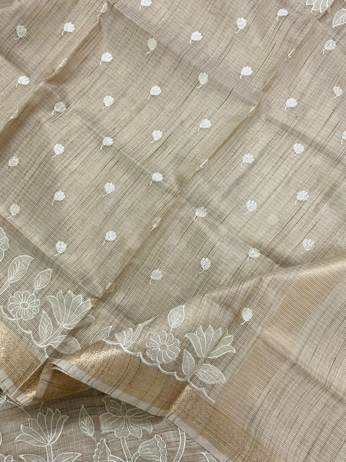 Soft Tissue Kota Silk Embroidered Suit - Beige