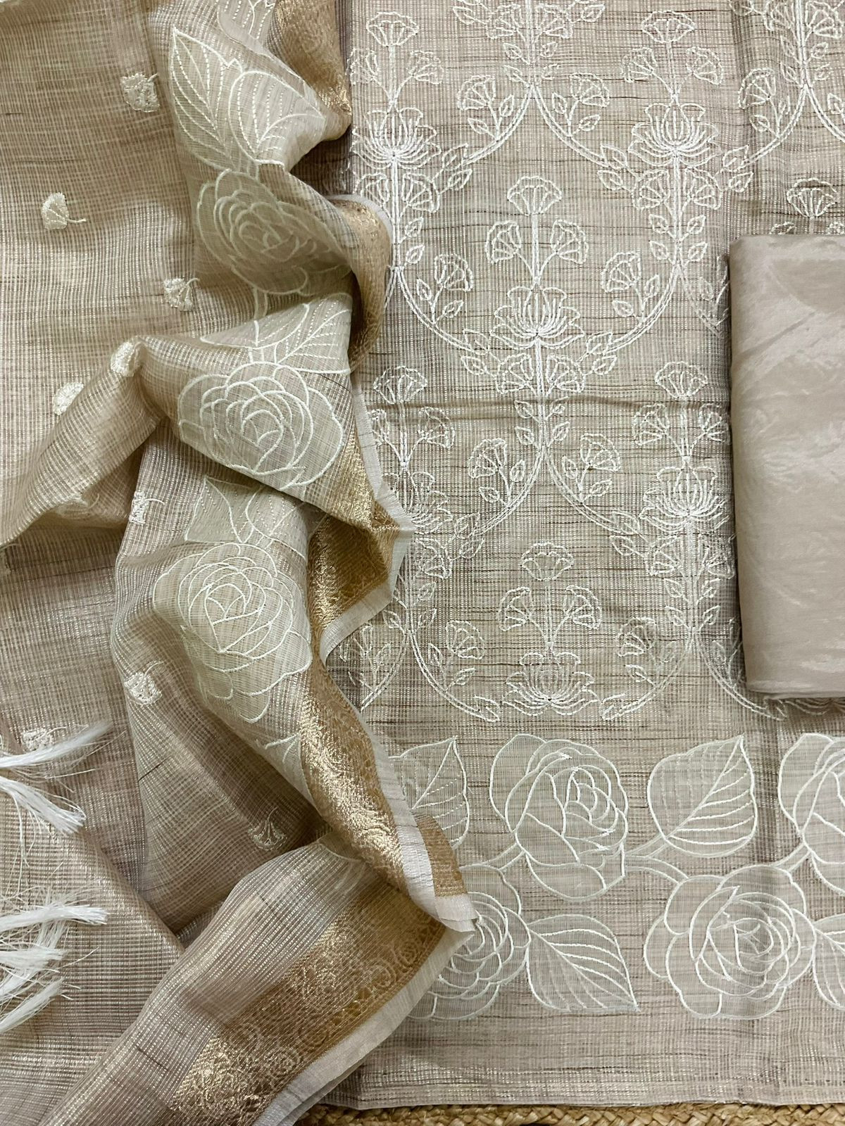 Soft Tissue Kota Silk Embroidered Suit - Beige