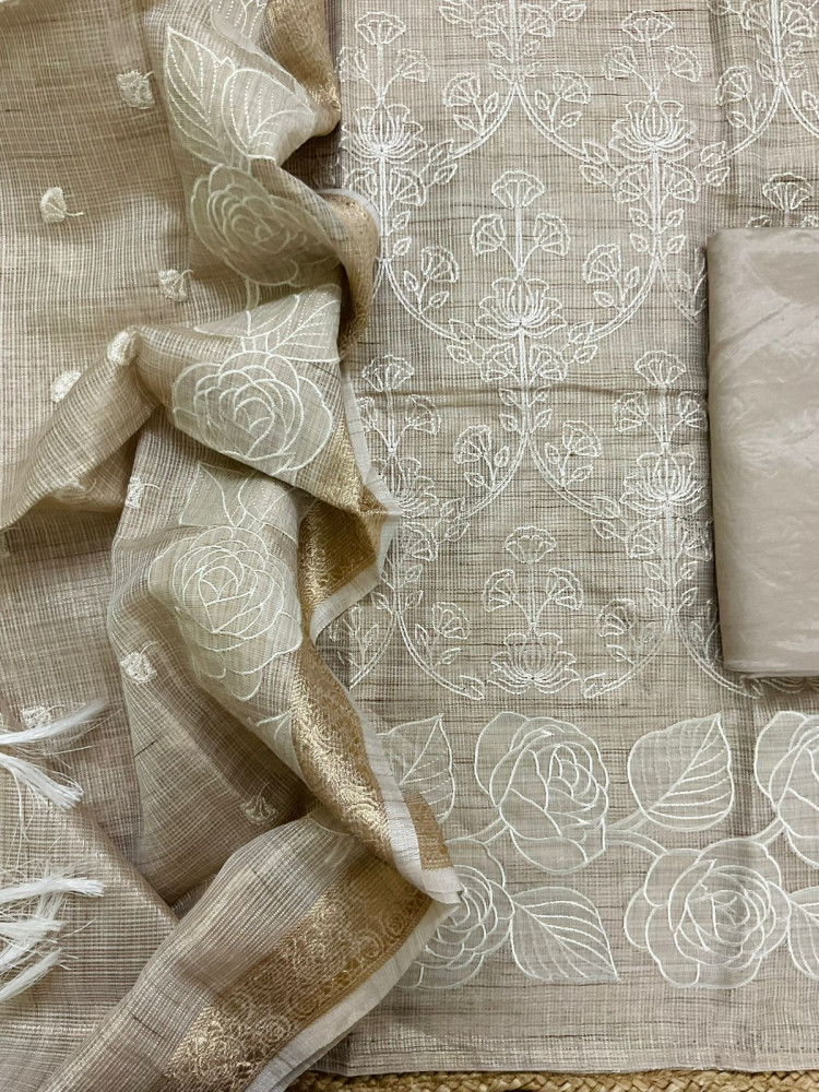 Image of Soft Tissue Kota Silk Embroidered Suit - Beige