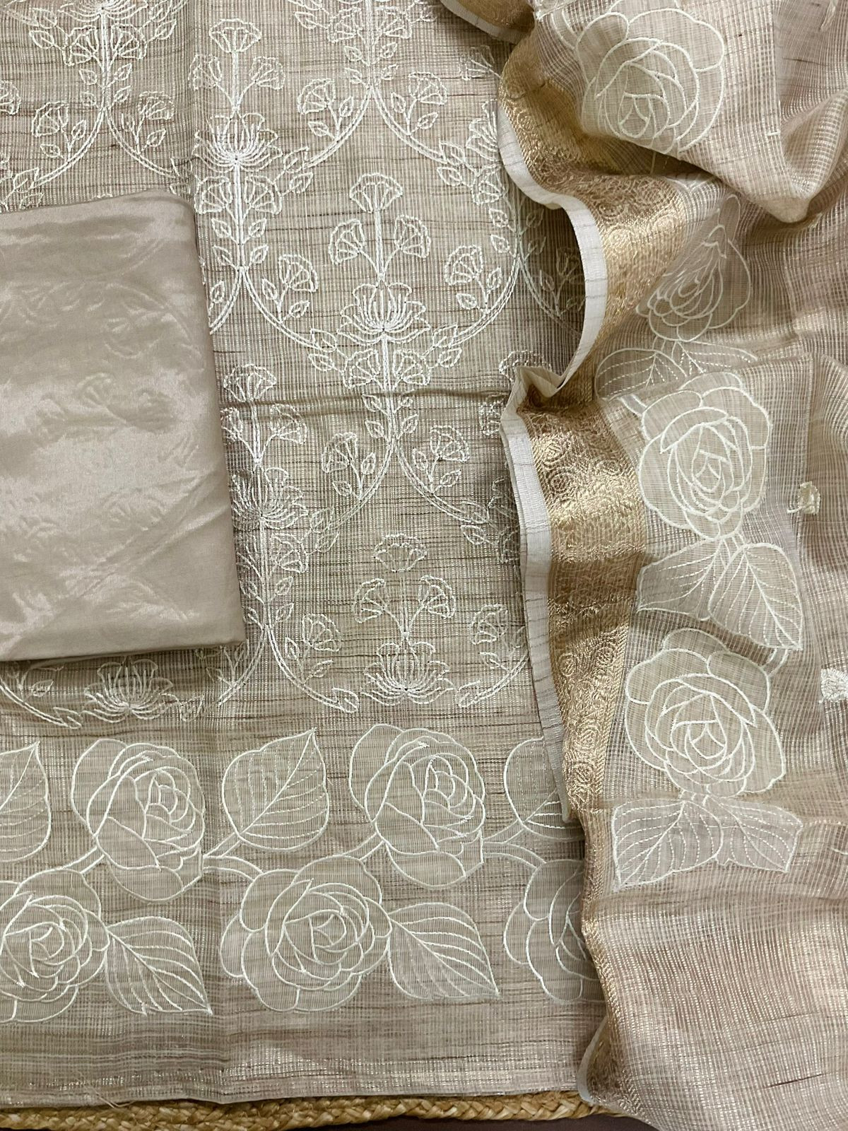 Soft Tissue Kota Silk Embroidered Suit - Beige