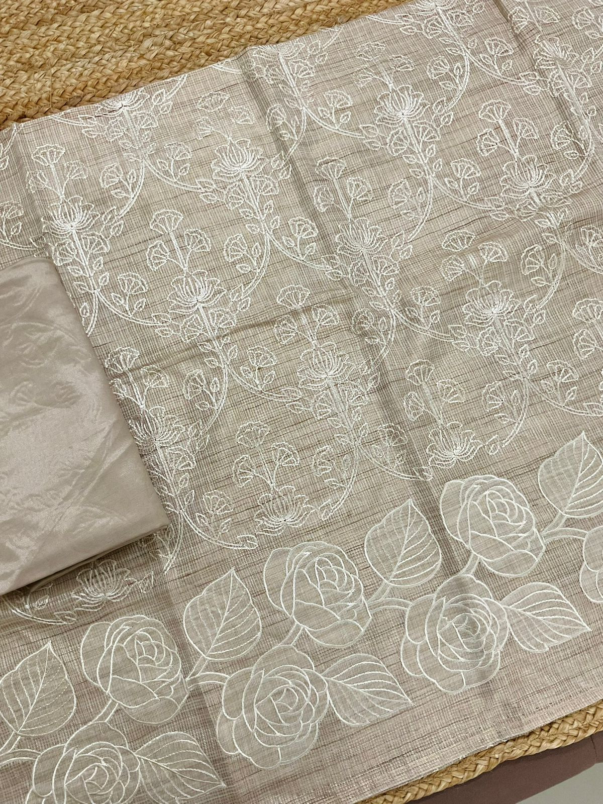 Soft Tissue Kota Silk Embroidered Suit - Beige