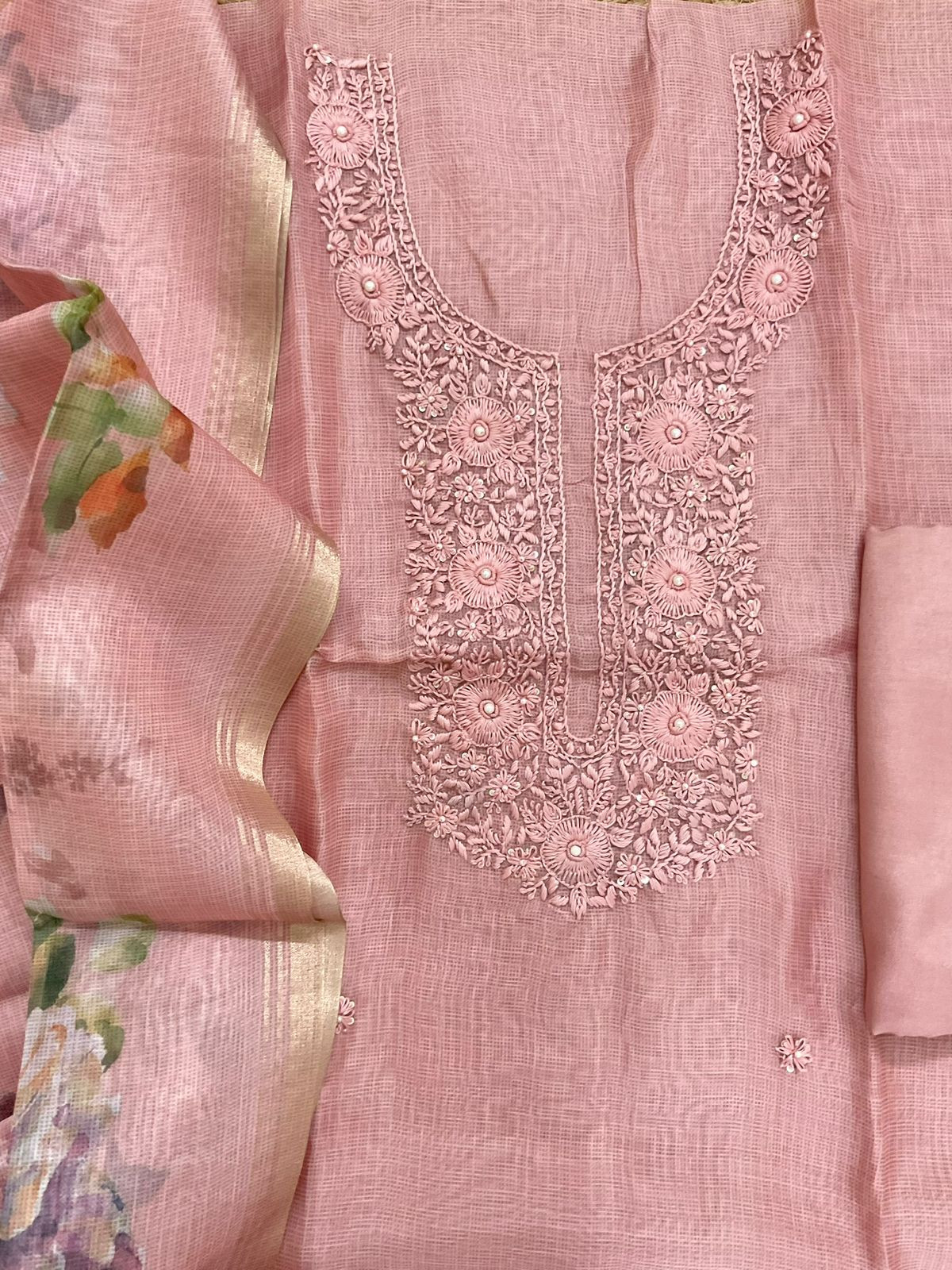 Soft Kota Silk Printed Embroidered Suit - Onion Pink