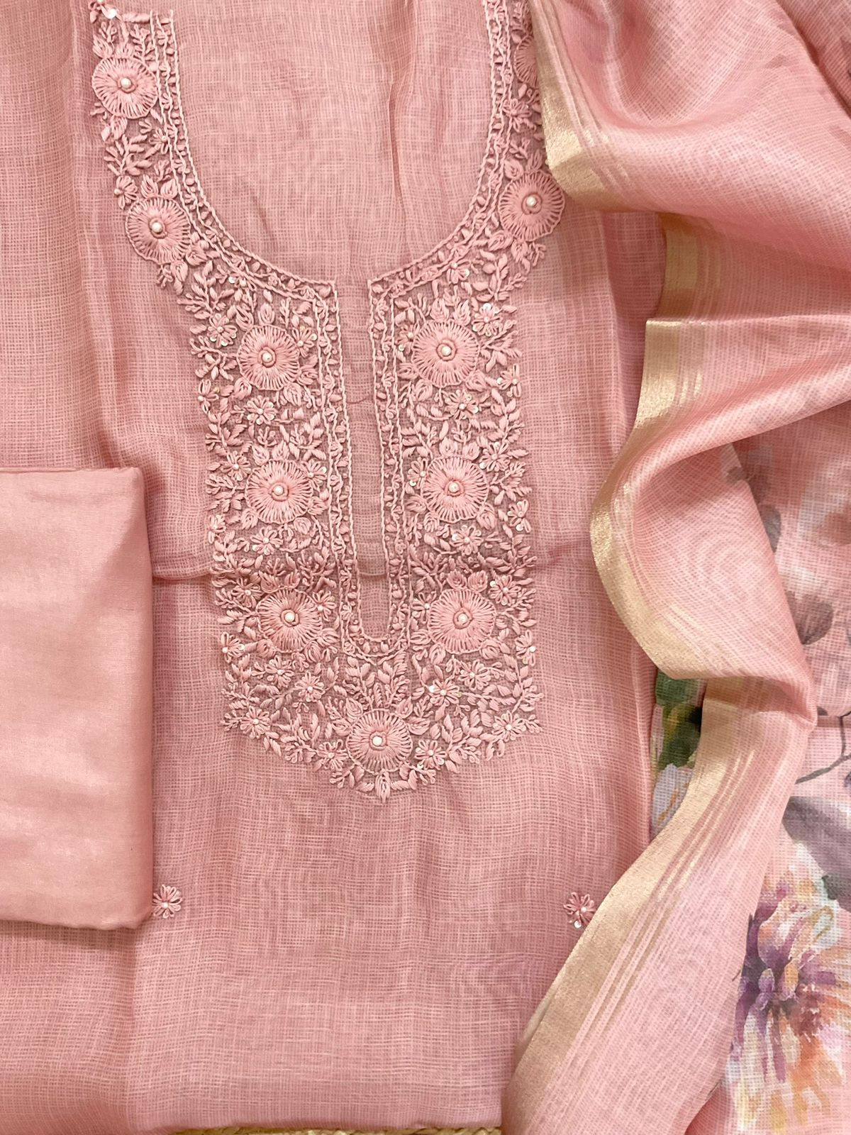 Soft Kota Silk Printed Embroidered Suit - Onion Pink