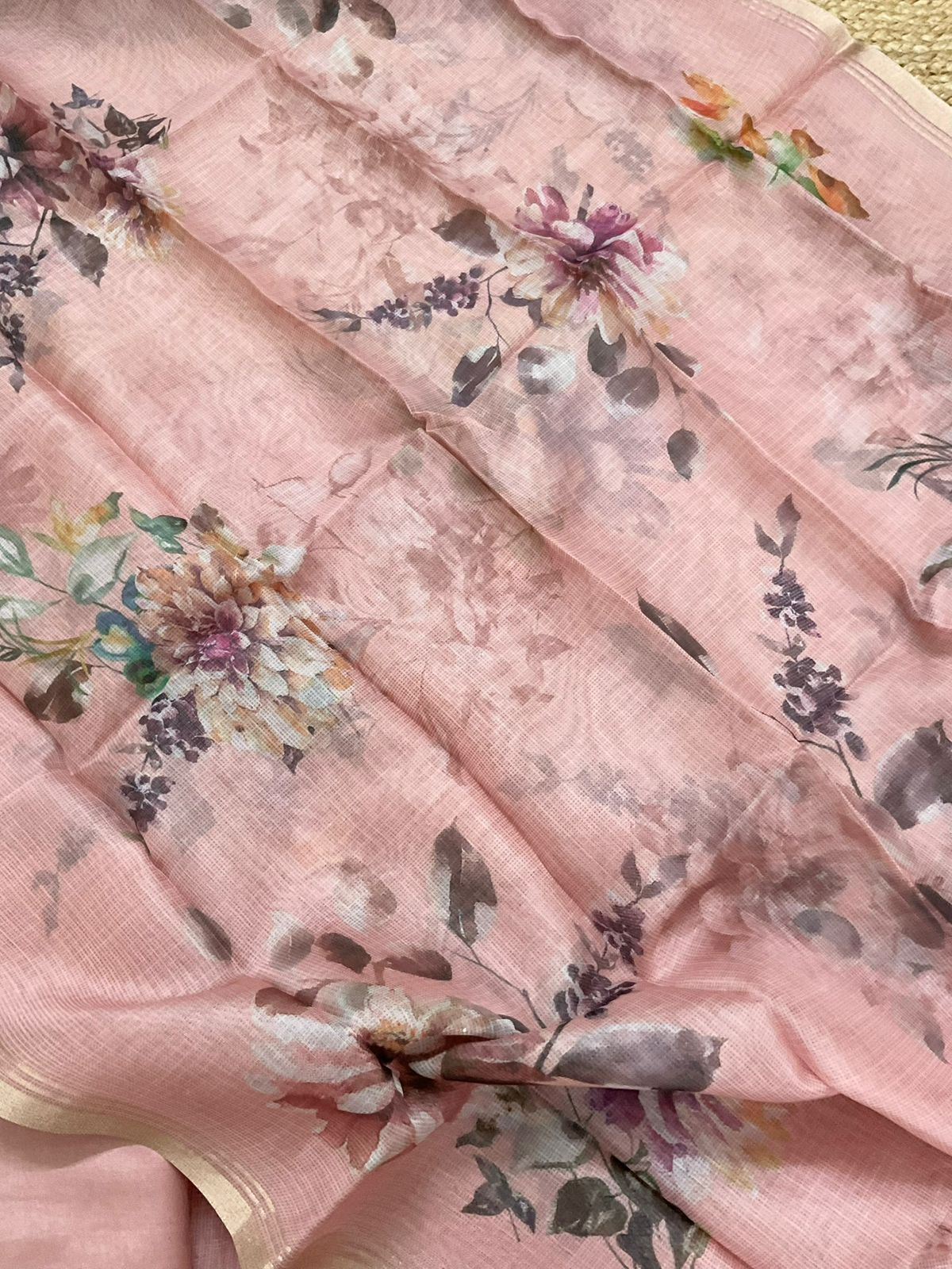Soft Kota Silk Printed Embroidered Suit - Onion Pink