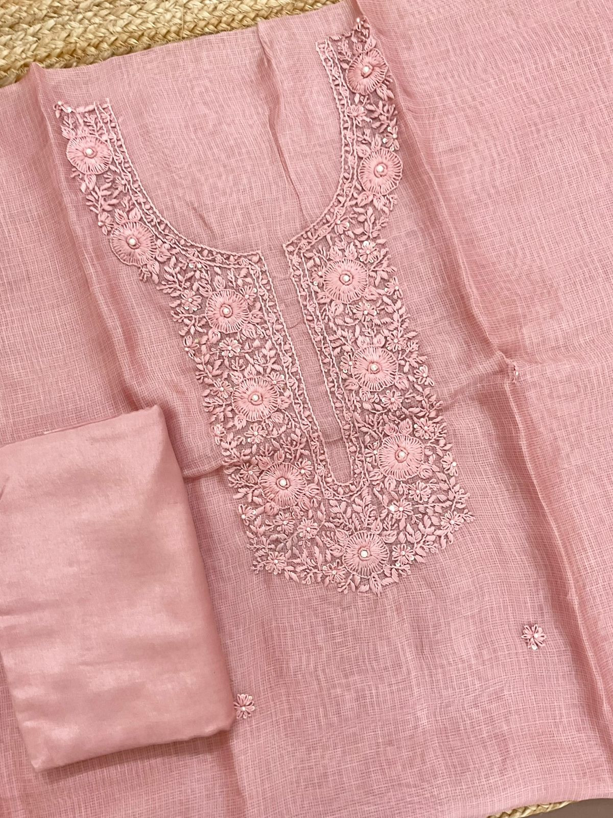 Soft Kota Silk Printed Embroidered Suit - Onion Pink