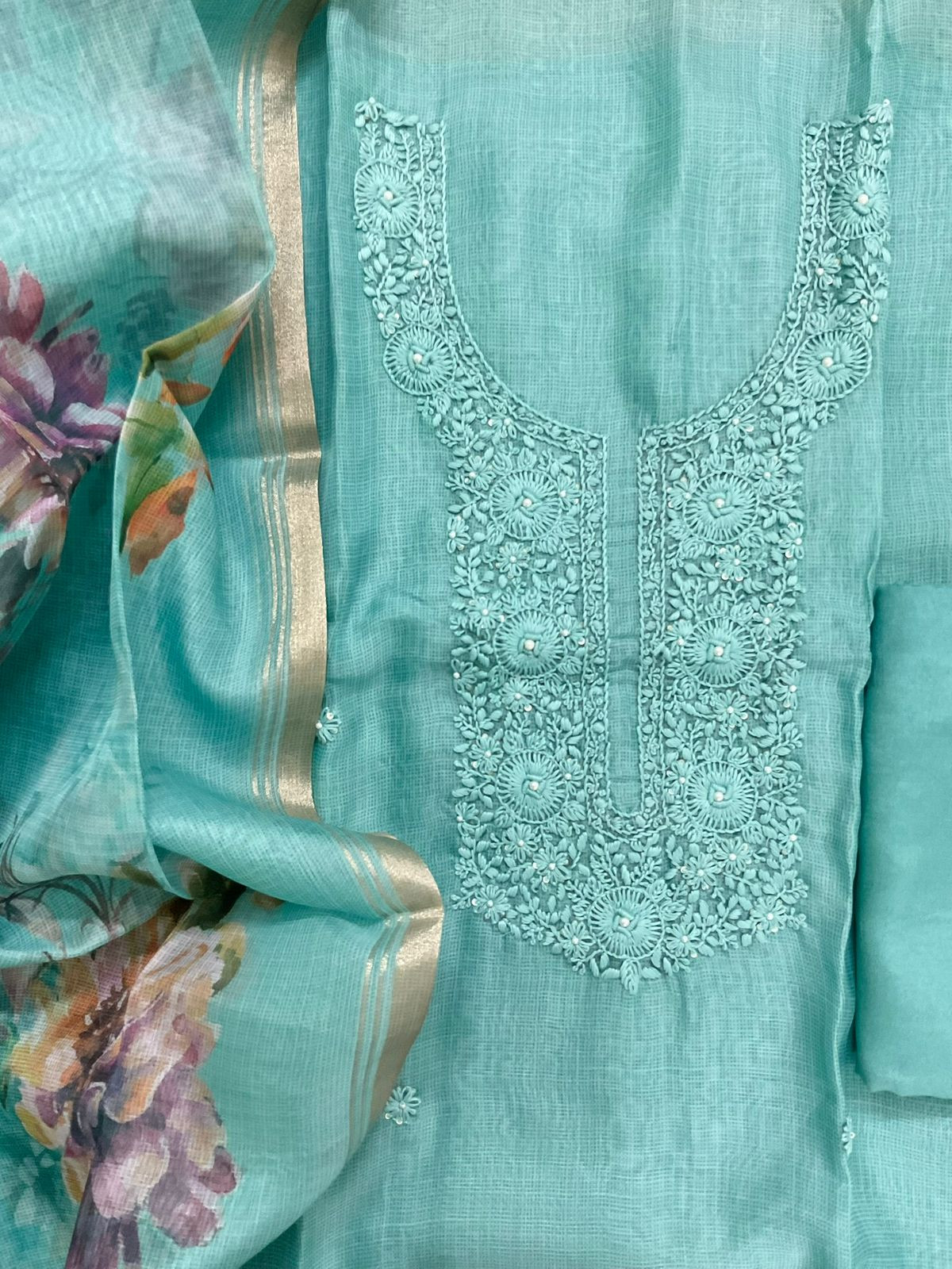 Soft Kota Silk Printed Embroidered Suit - Blue