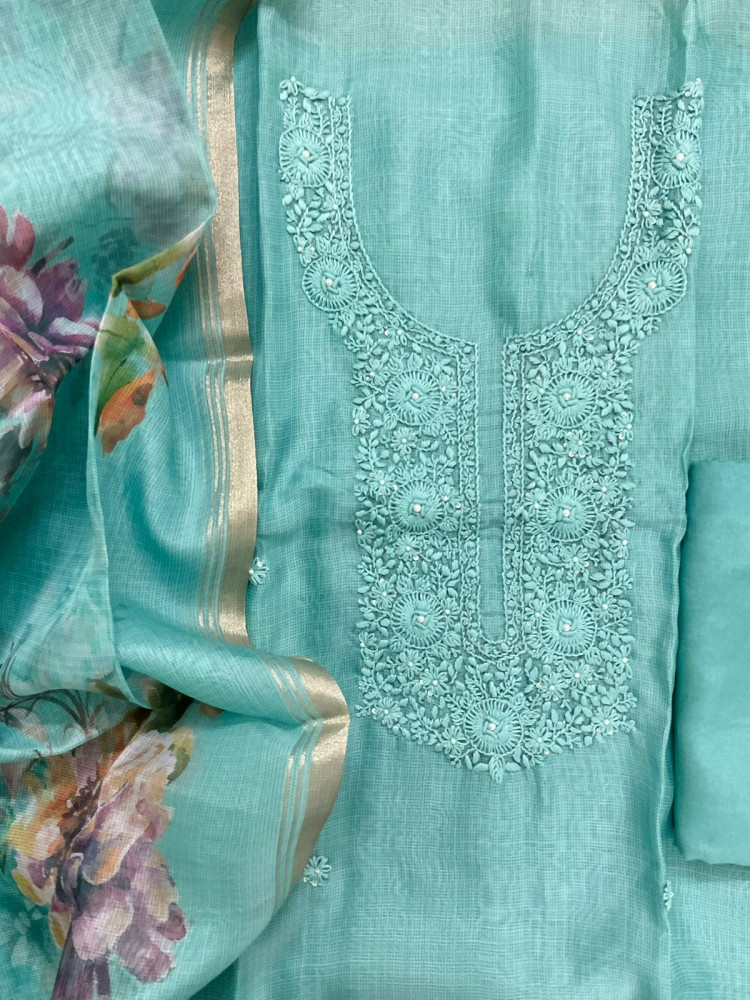 Image of Soft Kota Silk Printed Embroidered Suit - Blue