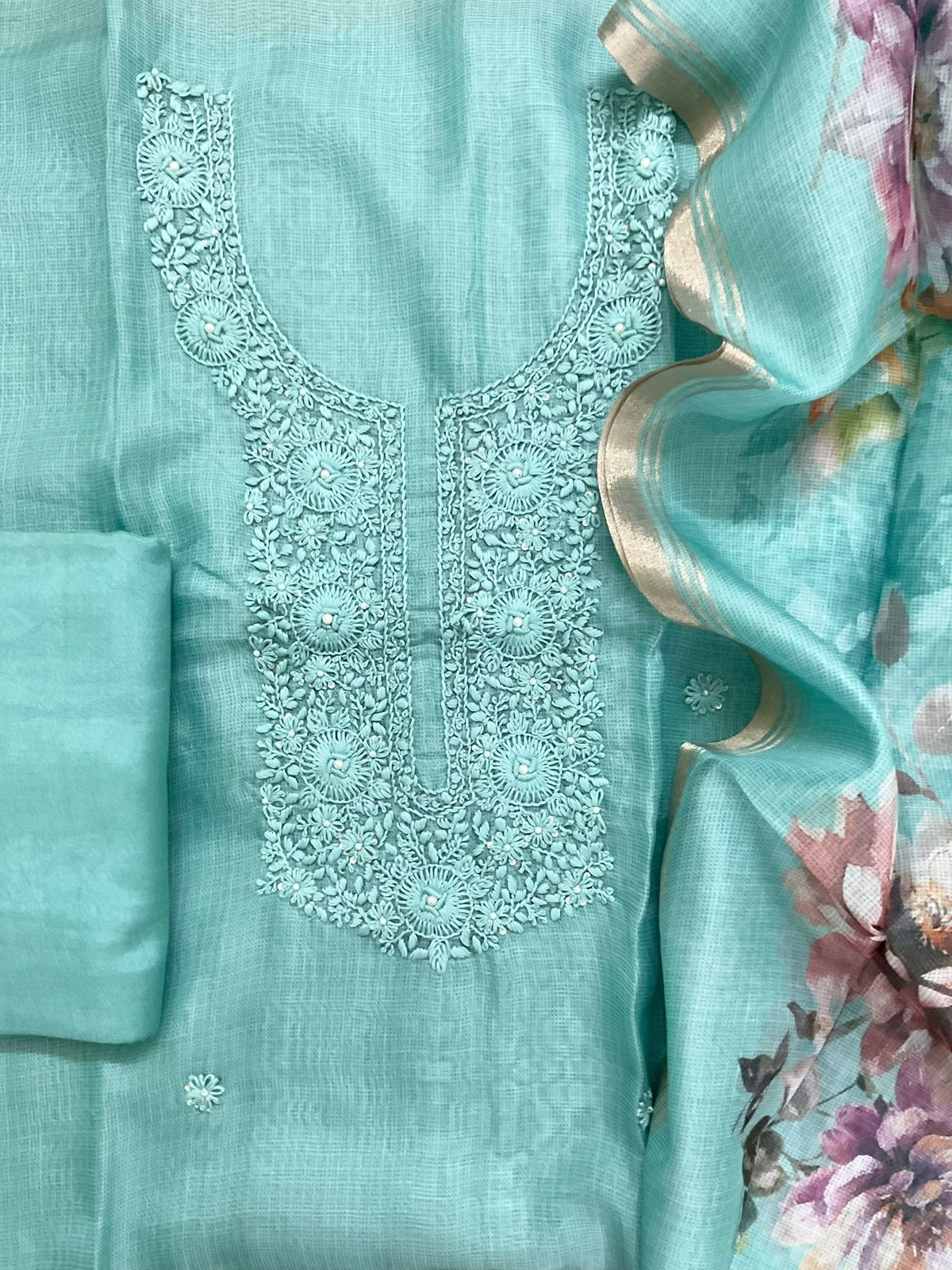 Soft Kota Silk Printed Embroidered Suit - Blue