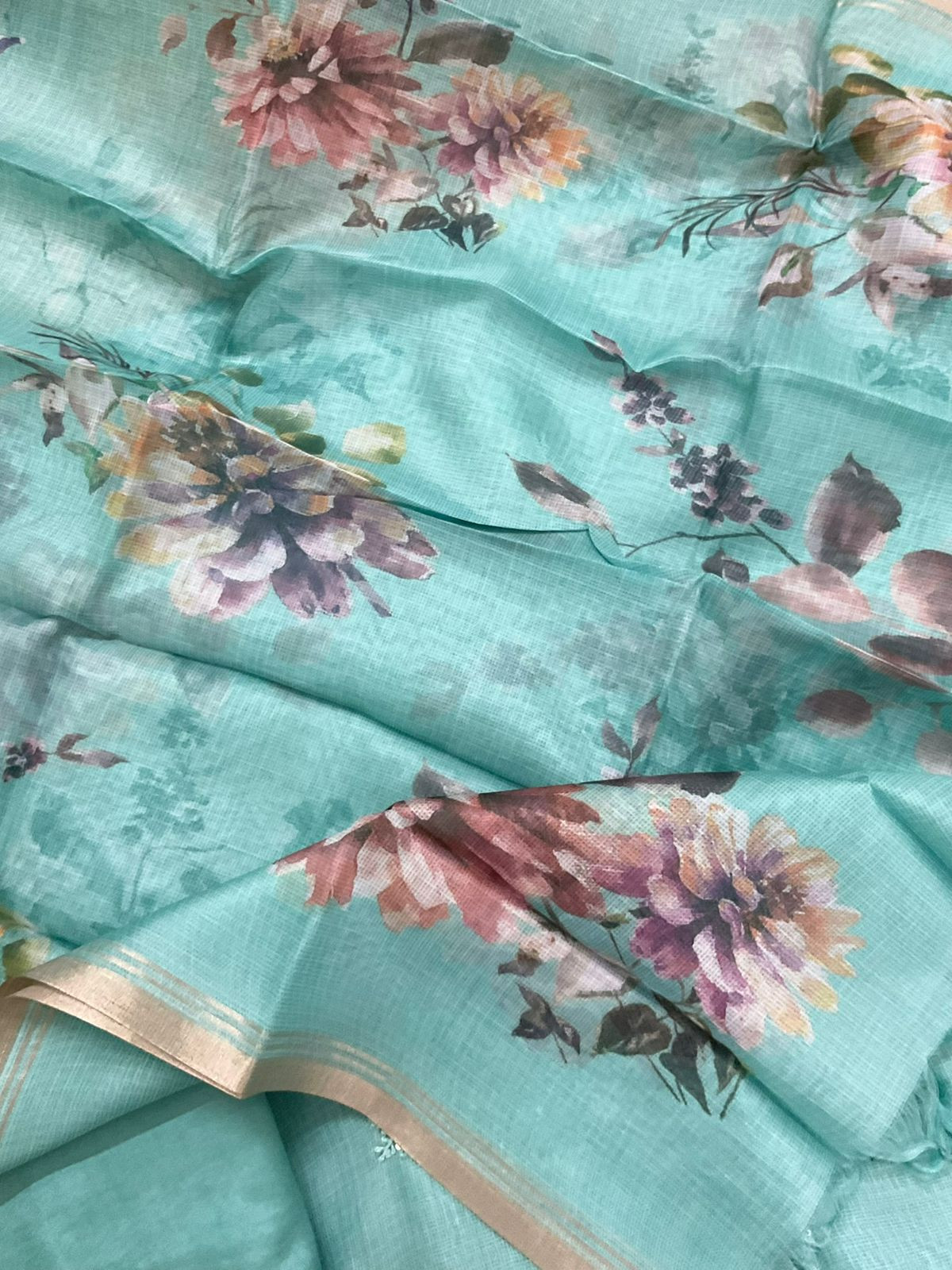 Soft Kota Silk Printed Embroidered Suit - Blue