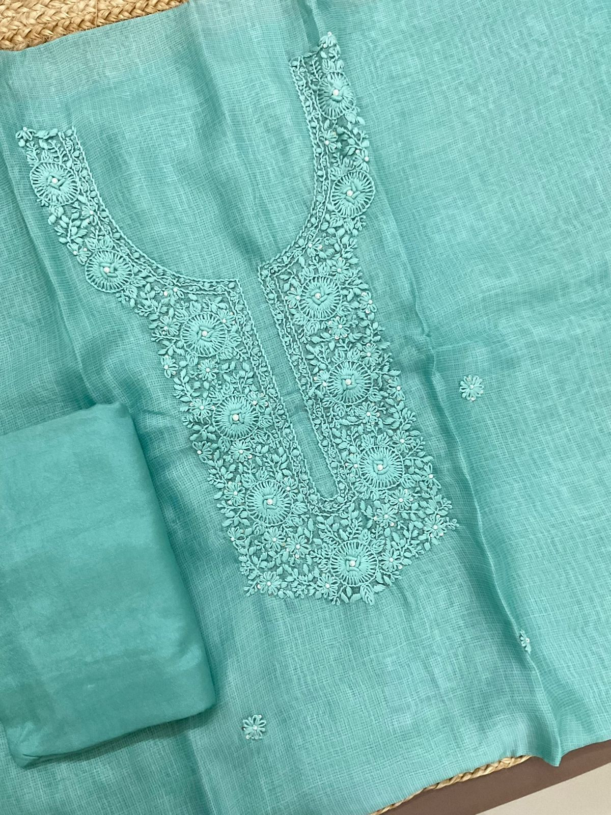 Soft Kota Silk Printed Embroidered Suit - Blue