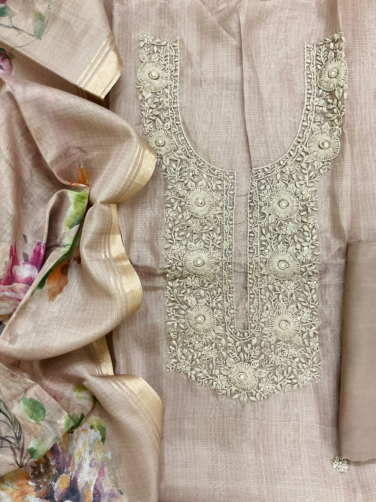 Soft Kota Silk Printed Embroidered Suit - Beige