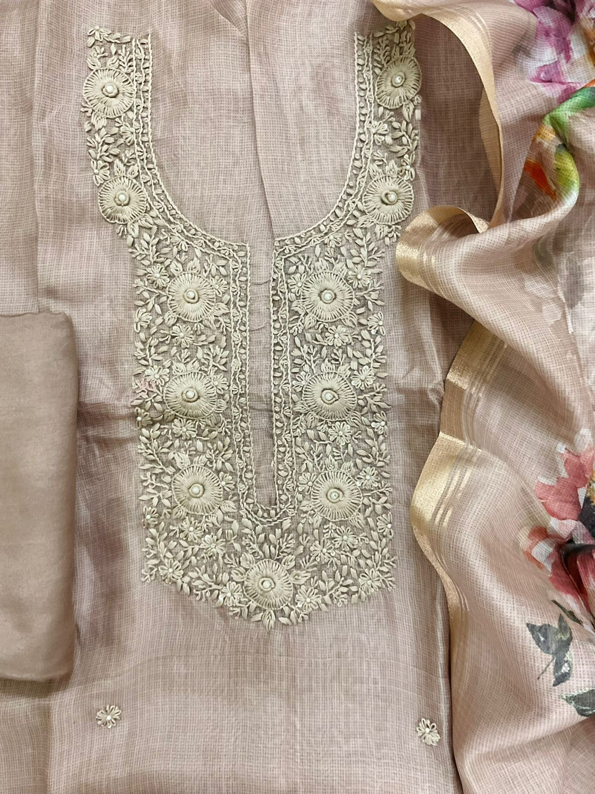 Soft Kota Silk Printed Embroidered Suit - Beige