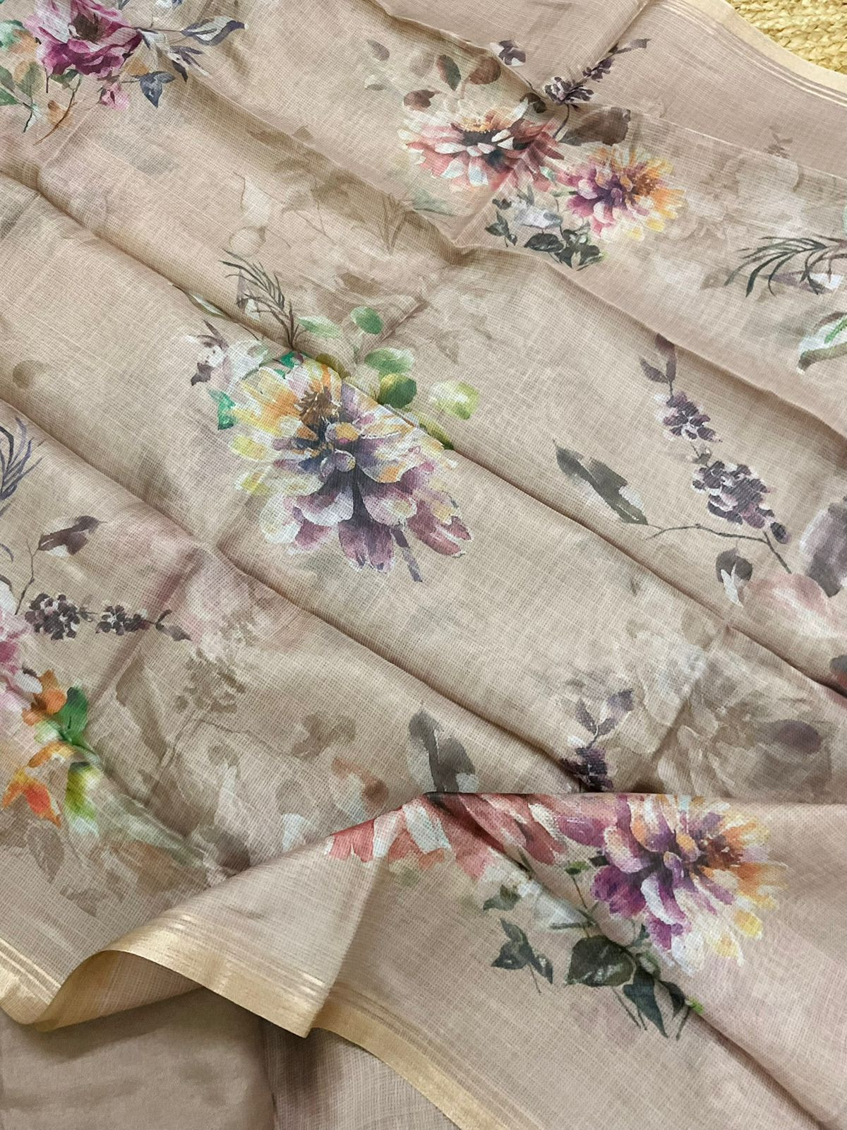 Soft Kota Silk Printed Embroidered Suit - Beige