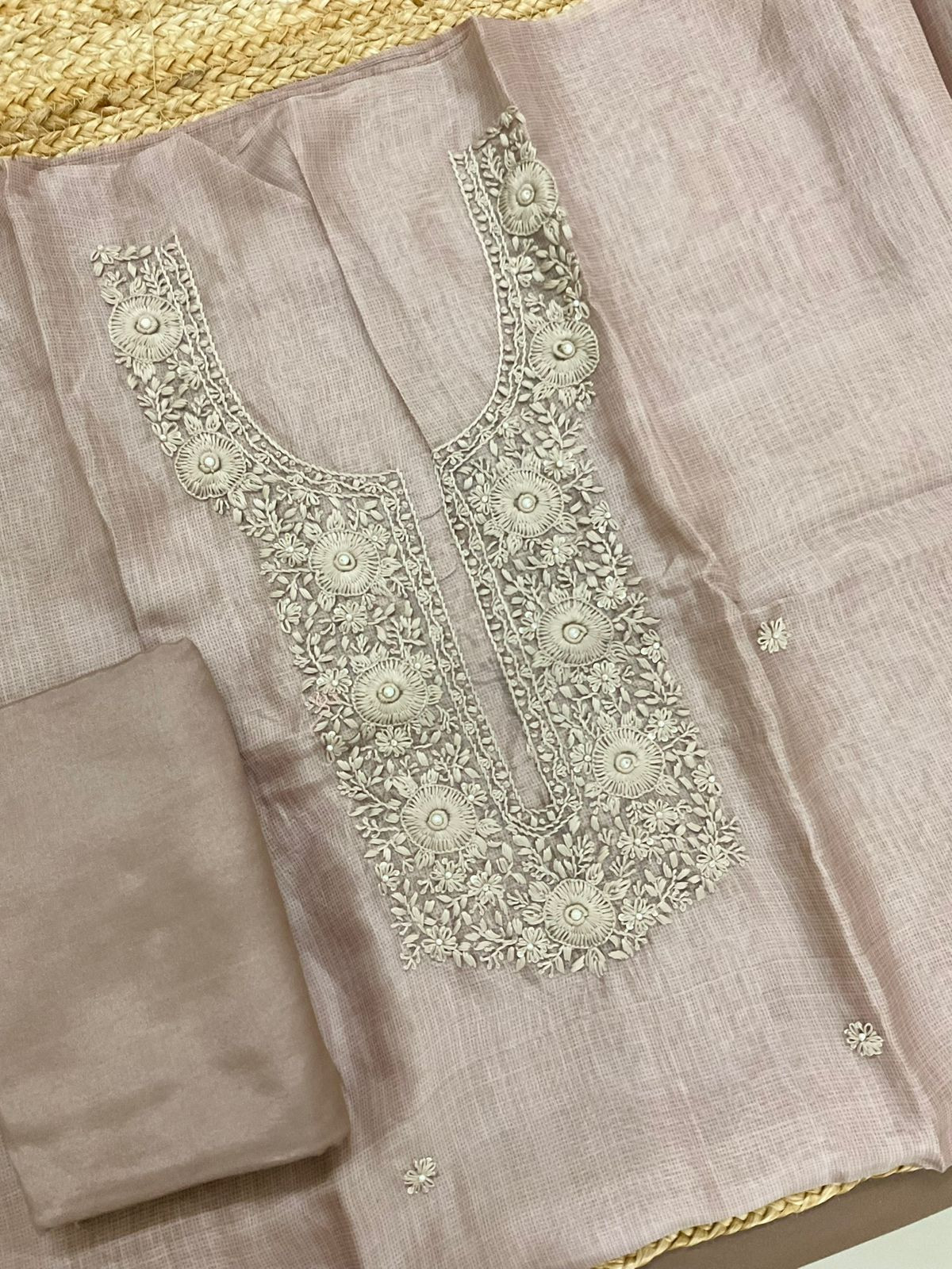 Soft Kota Silk Printed Embroidered Suit - Beige