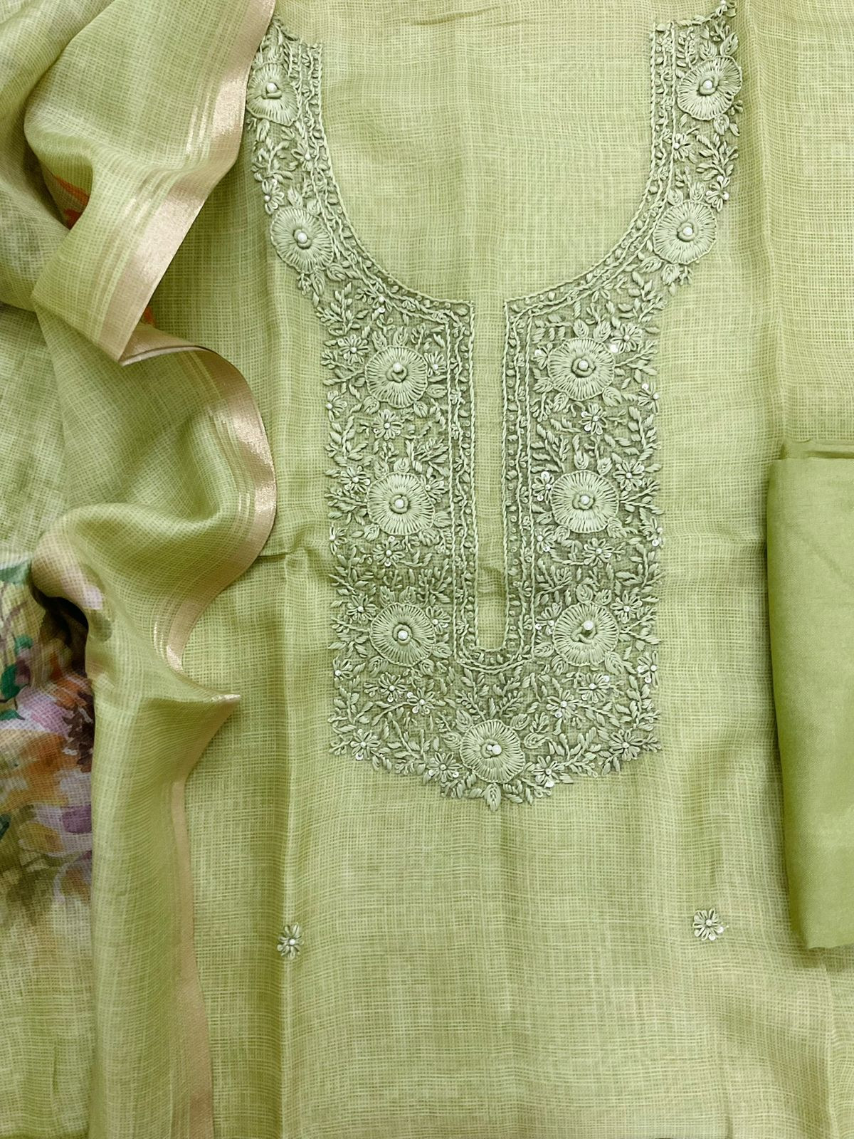 Soft Kota Silk Printed Embroidered Suit - Green