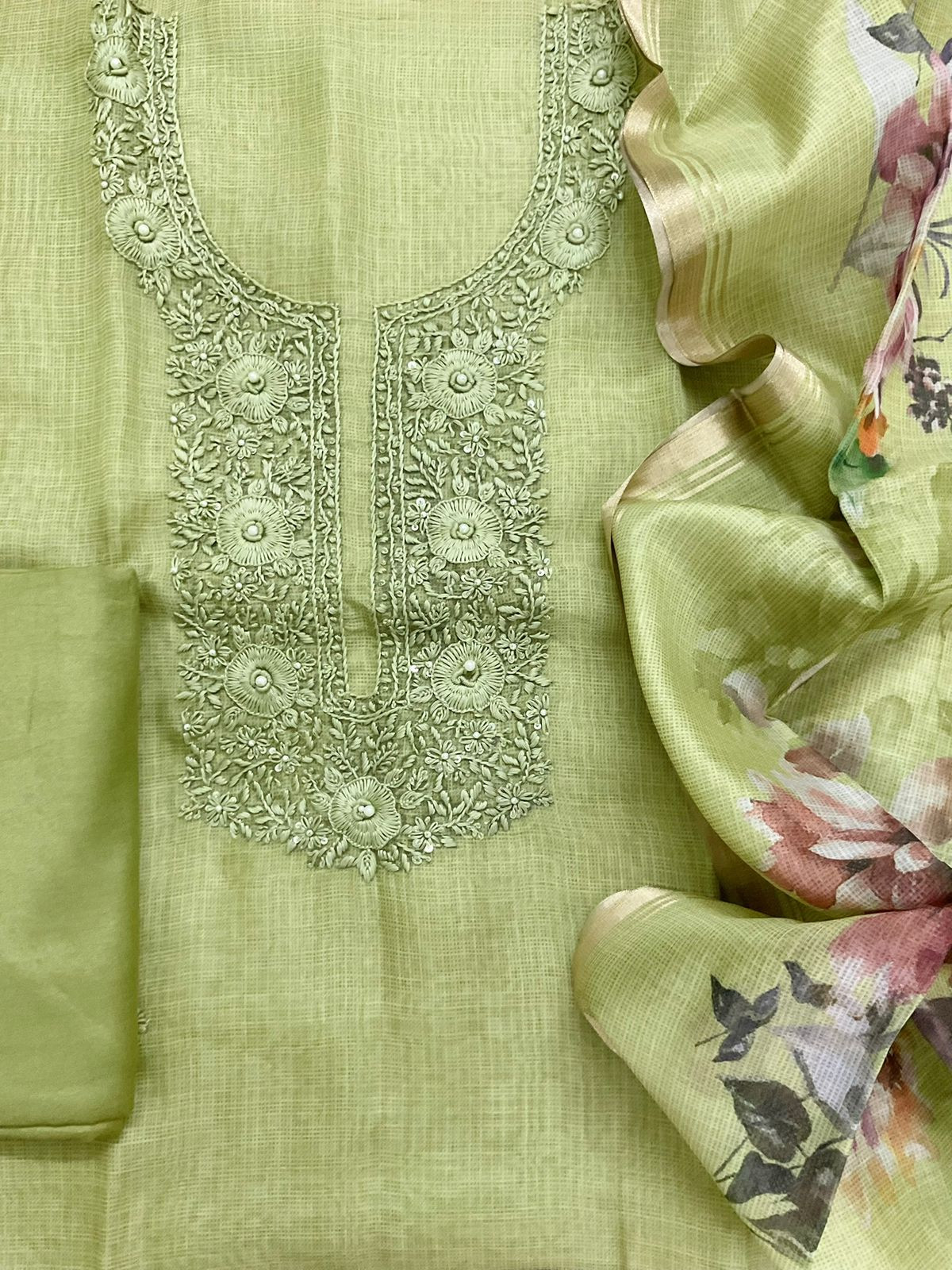 Soft Kota Silk Printed Embroidered Suit - Green