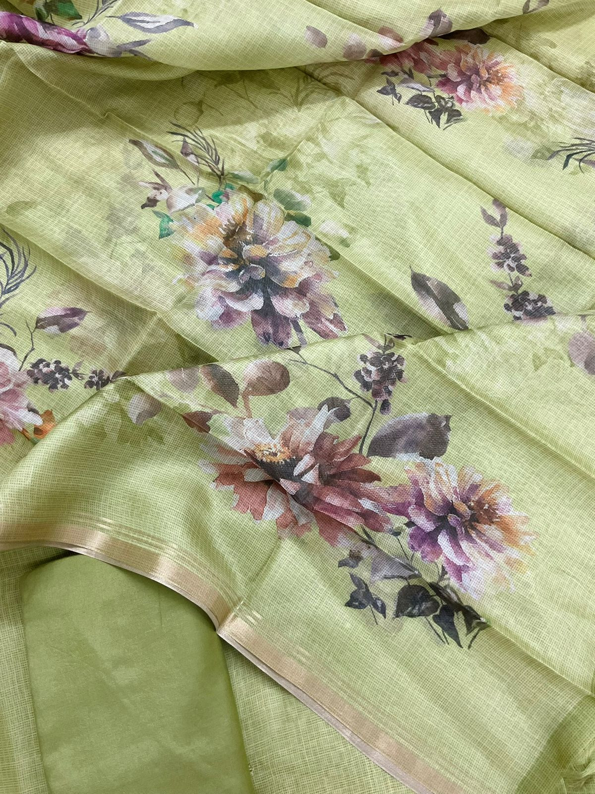 Soft Kota Silk Printed Embroidered Suit - Green