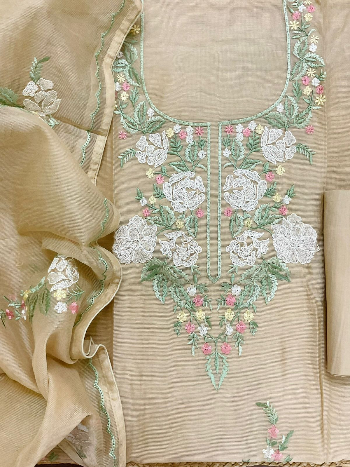 Soft Fine Supernet Embroidered Suit - Beige
